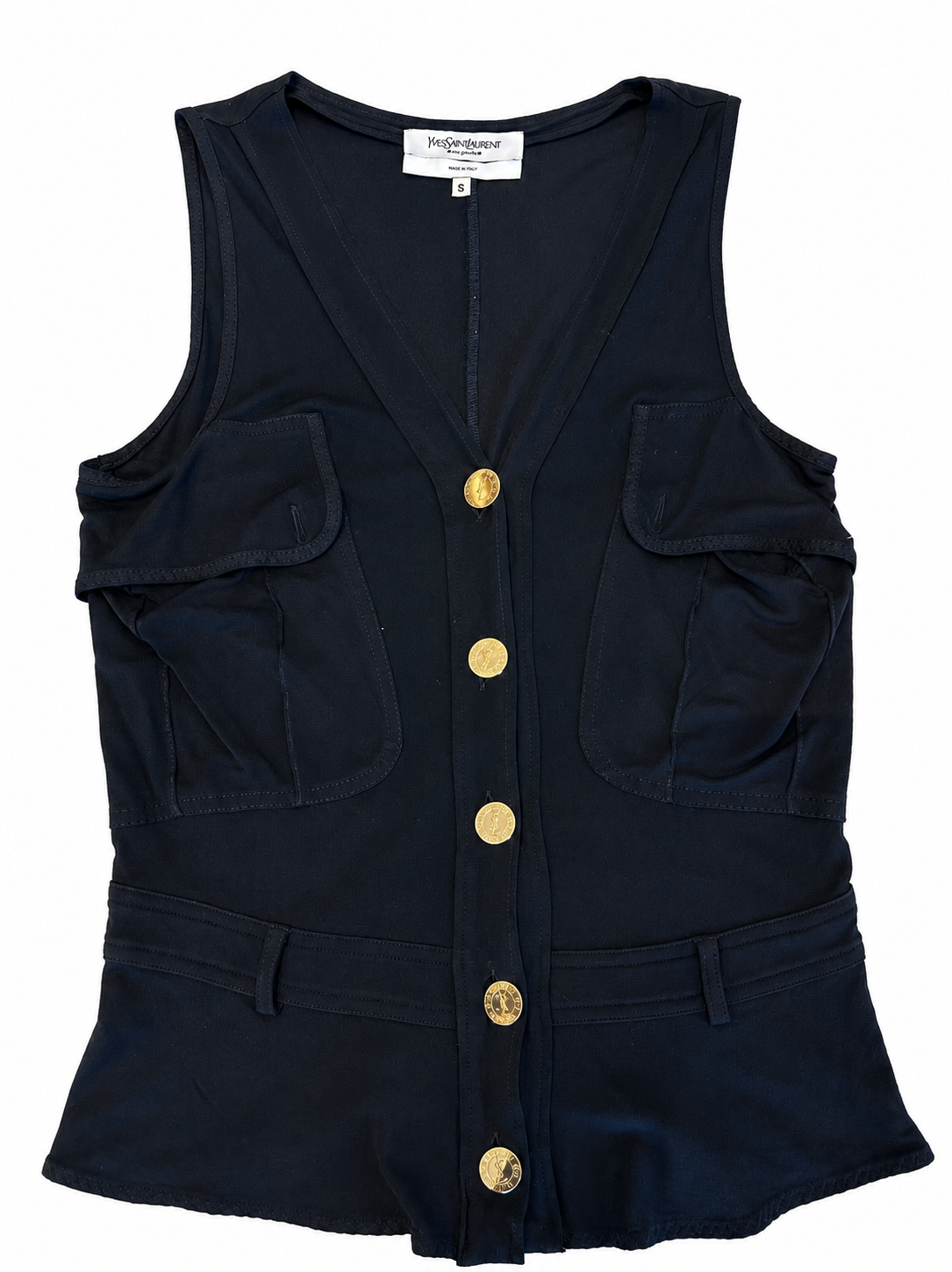 BLACK SHEER VISCOSE "YSL" BUTTON DOWN VEST TOP