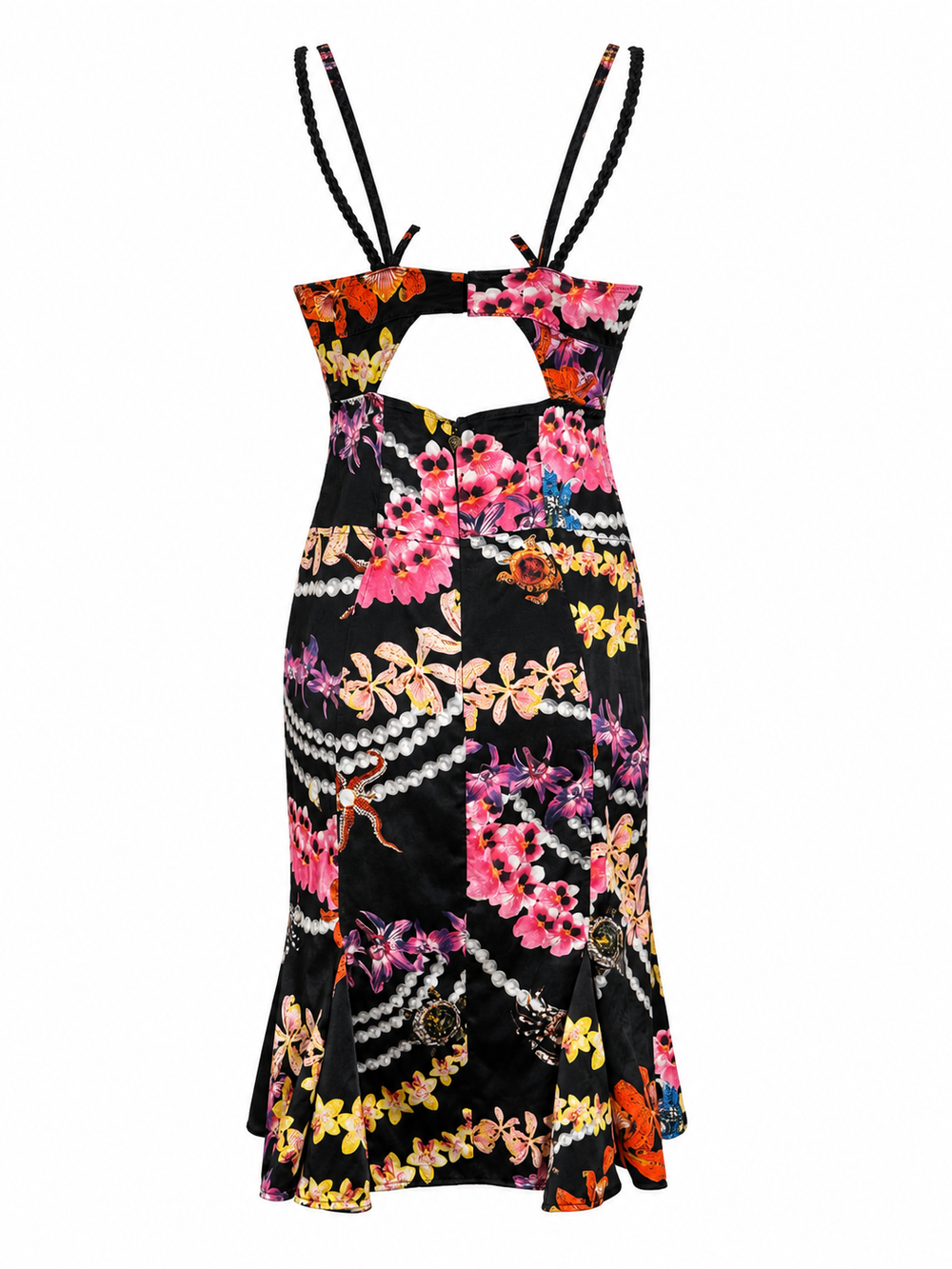 2005 BLACK ORCHID & PEARL PRINT MIDI DRESS