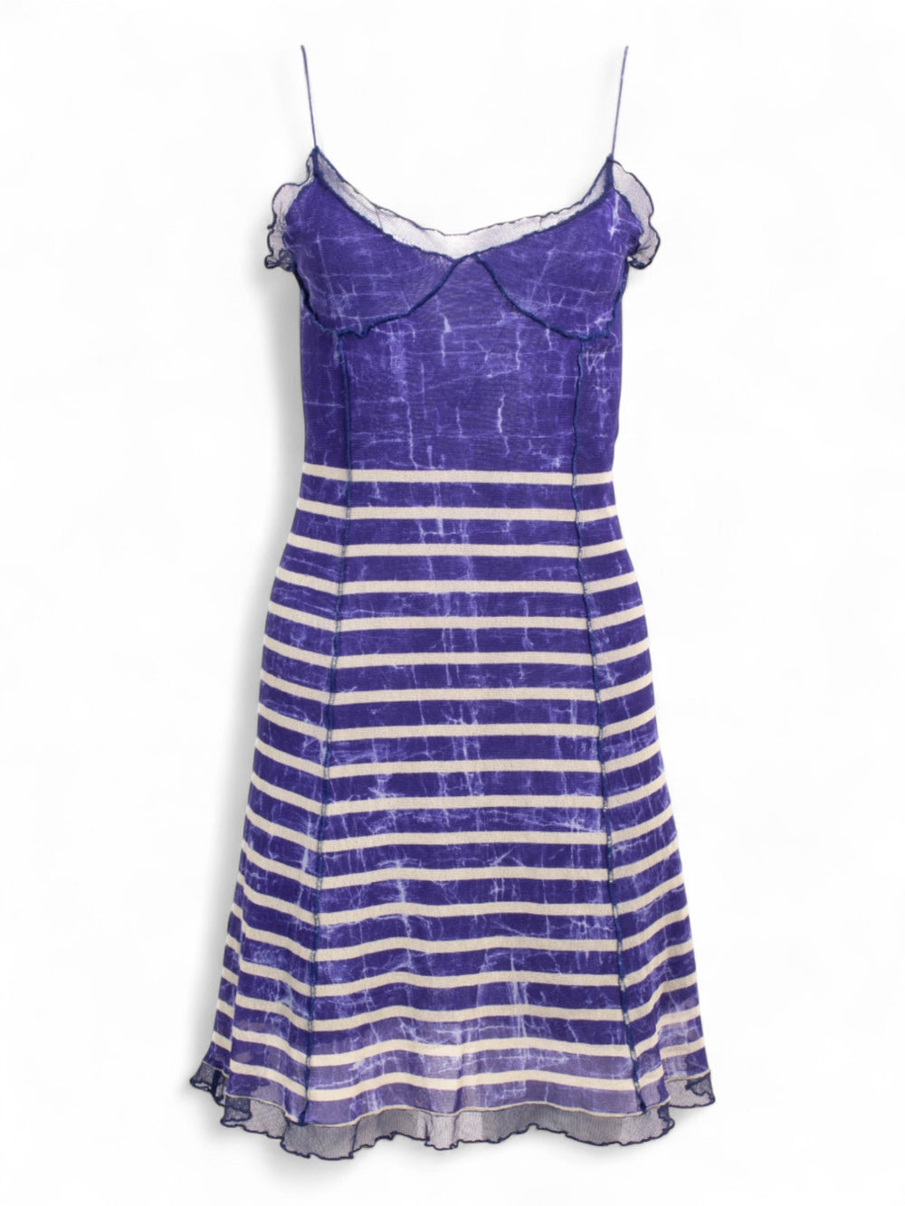 00S BLUE AND WHITE STRIPED MESH MIDI DRESS