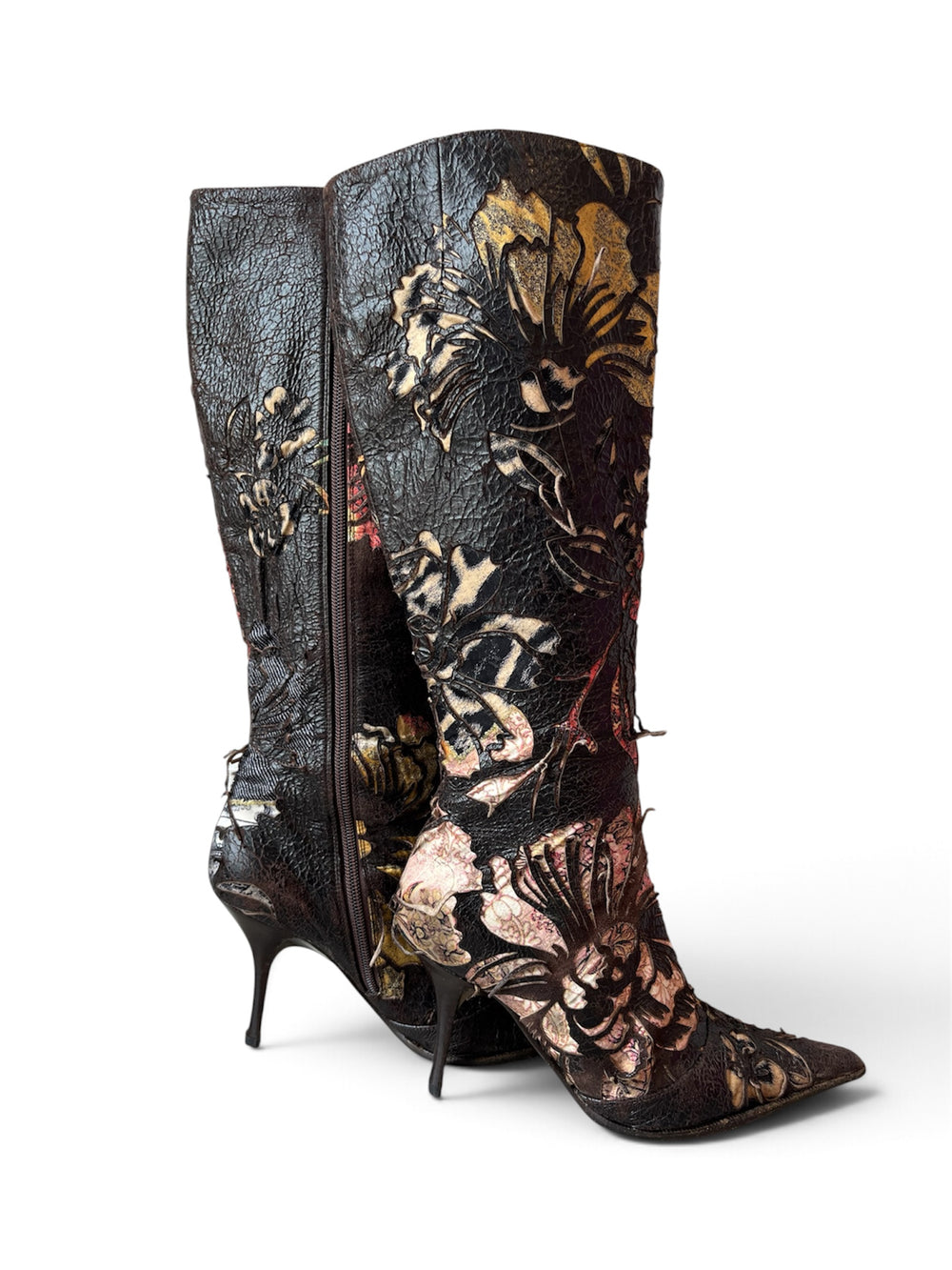 2003 FLORAL BURNOUT LEATHER & SUEDE CALF BOOTS