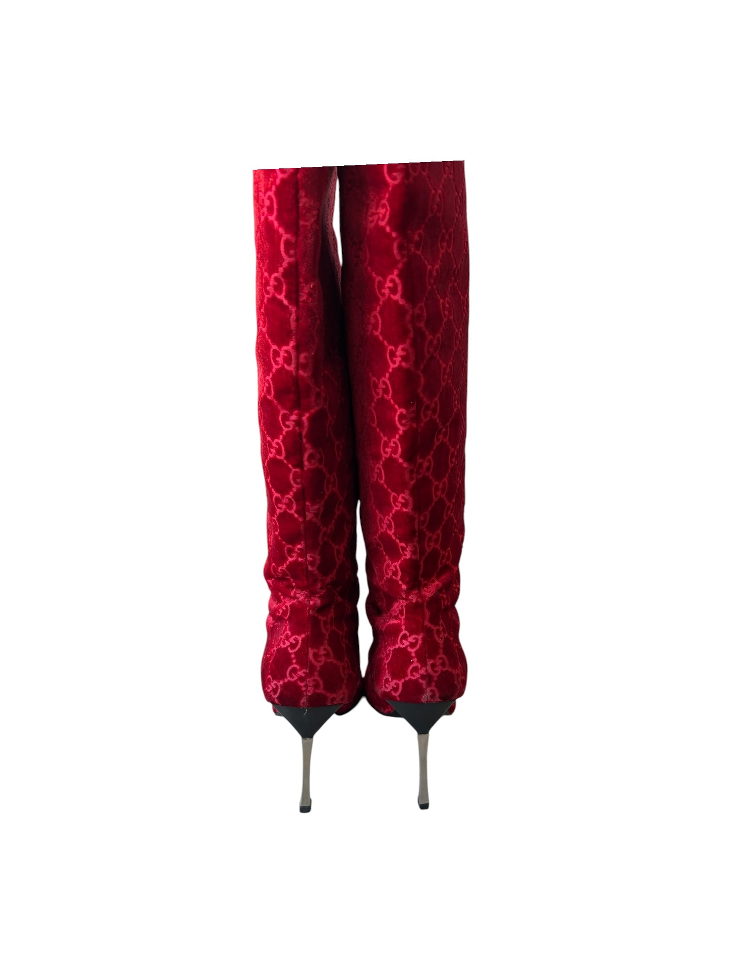 RARE FW97 RED VELOUR MONOGRAM KNEE HIGH BOOTS @SM