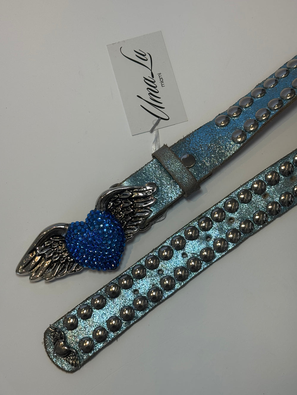 BLUE LEATHER STUDDED HEART ANGEL BELT