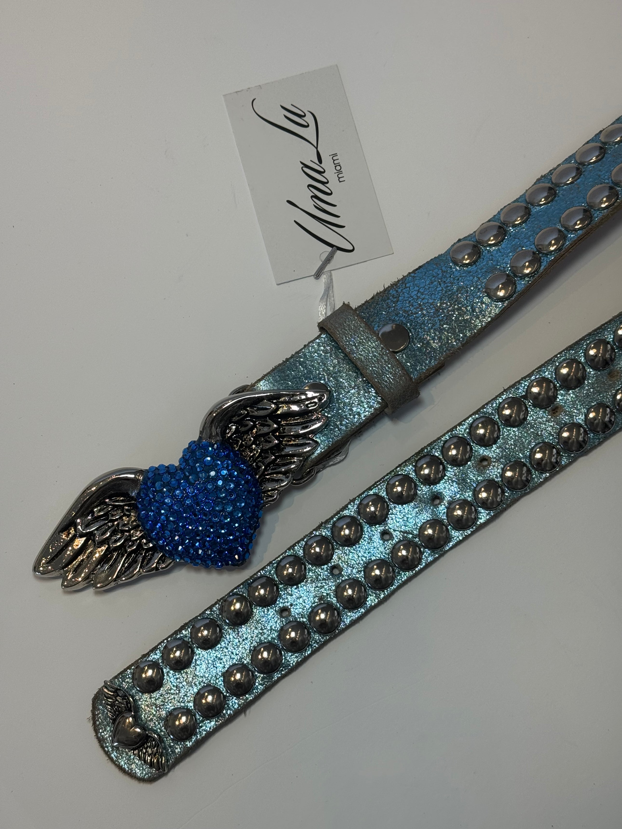 BLUE LEATHER STUDDED HEART ANGEL BELT