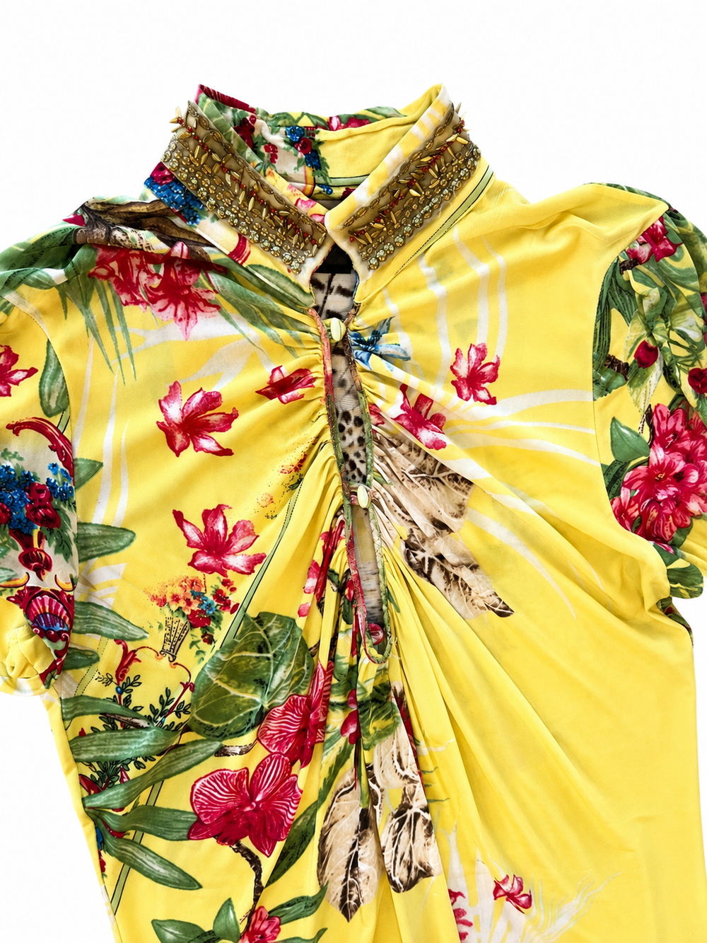 FLOWERS AND EAGLE PRINT YELLOW TOP AND SKIRT SET