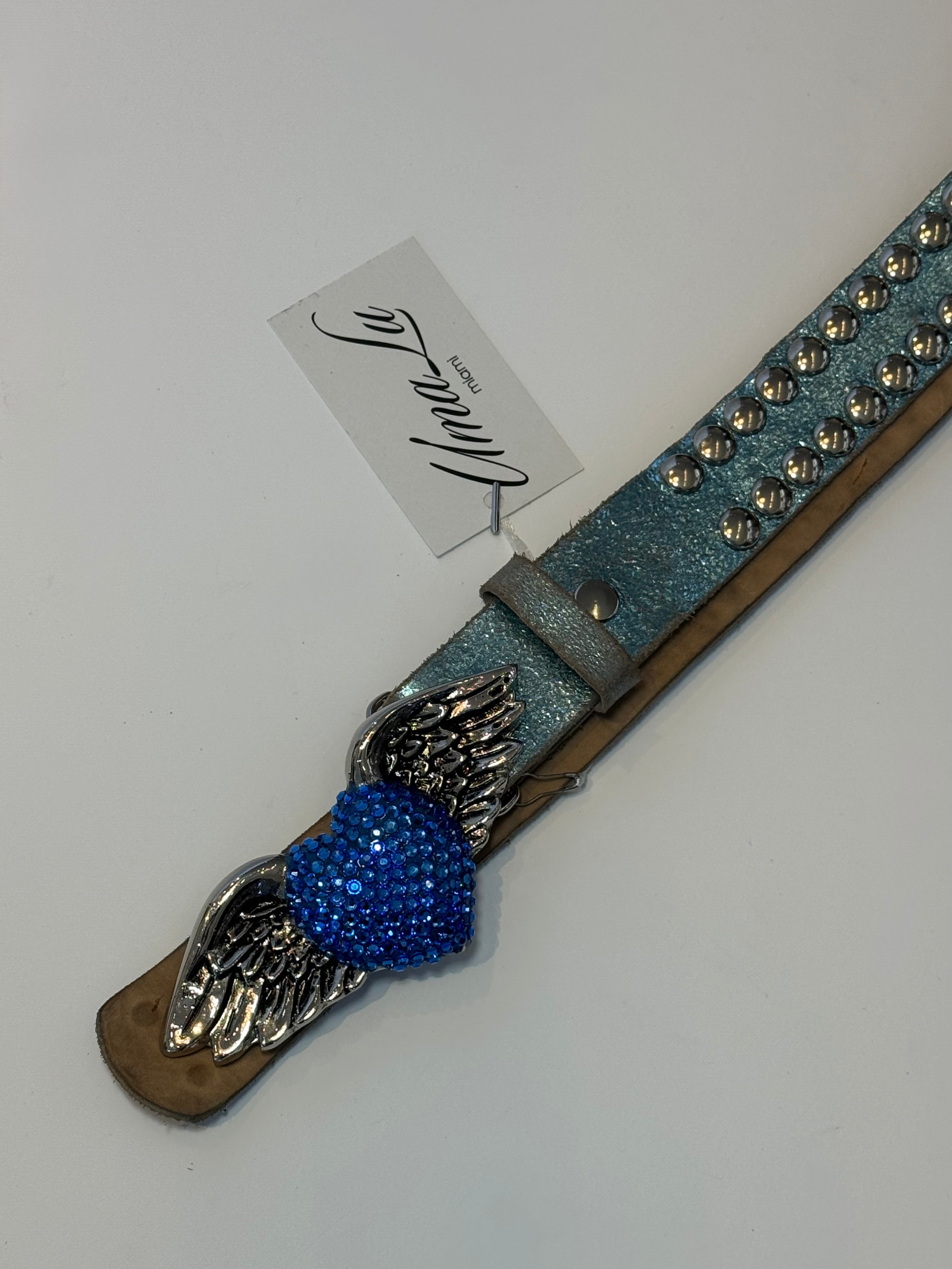 BLUE LEATHER STUDDED HEART ANGEL BELT
