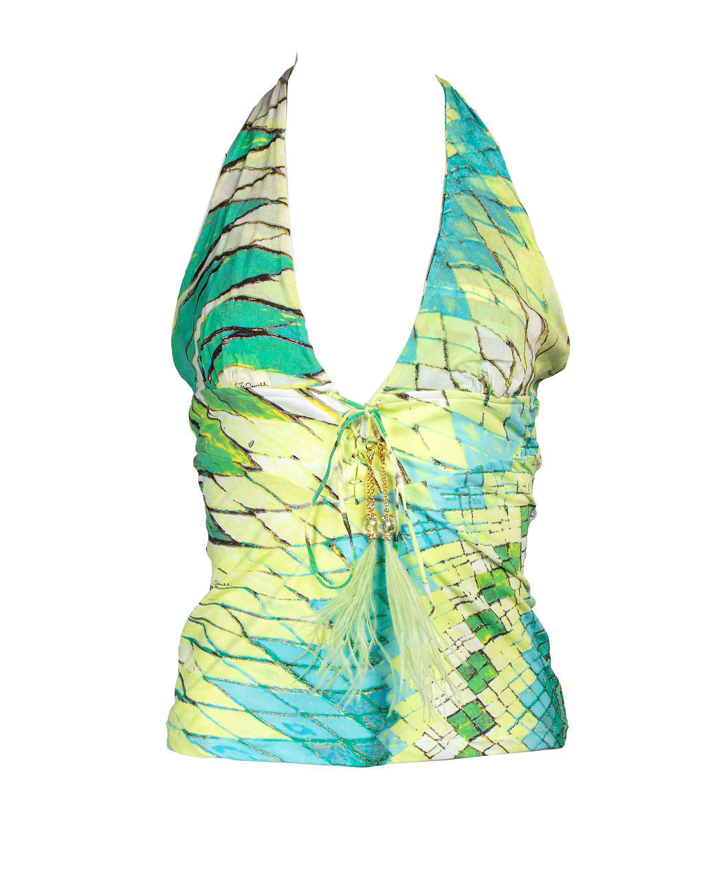 SS04 GREEN MOSAIC PRINT SILK HALTER TOP