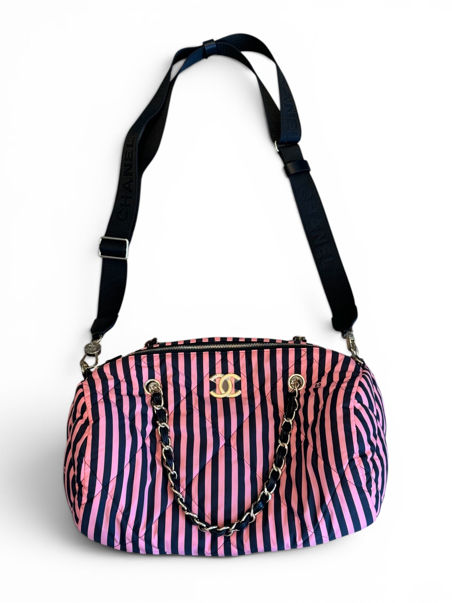 2024 PINK & BLACK STRIPED NYLON BEACH BAG (W STRAP)