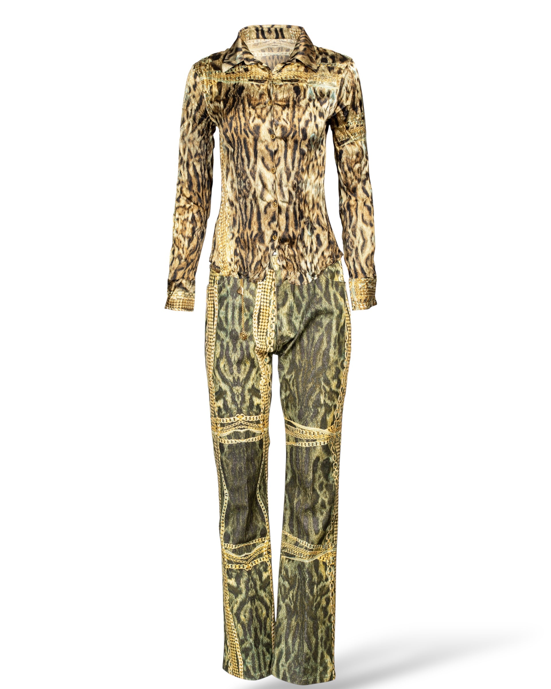 2003 ANIMAL & CHAINS PRINTED JEANS & SILK TOP SET