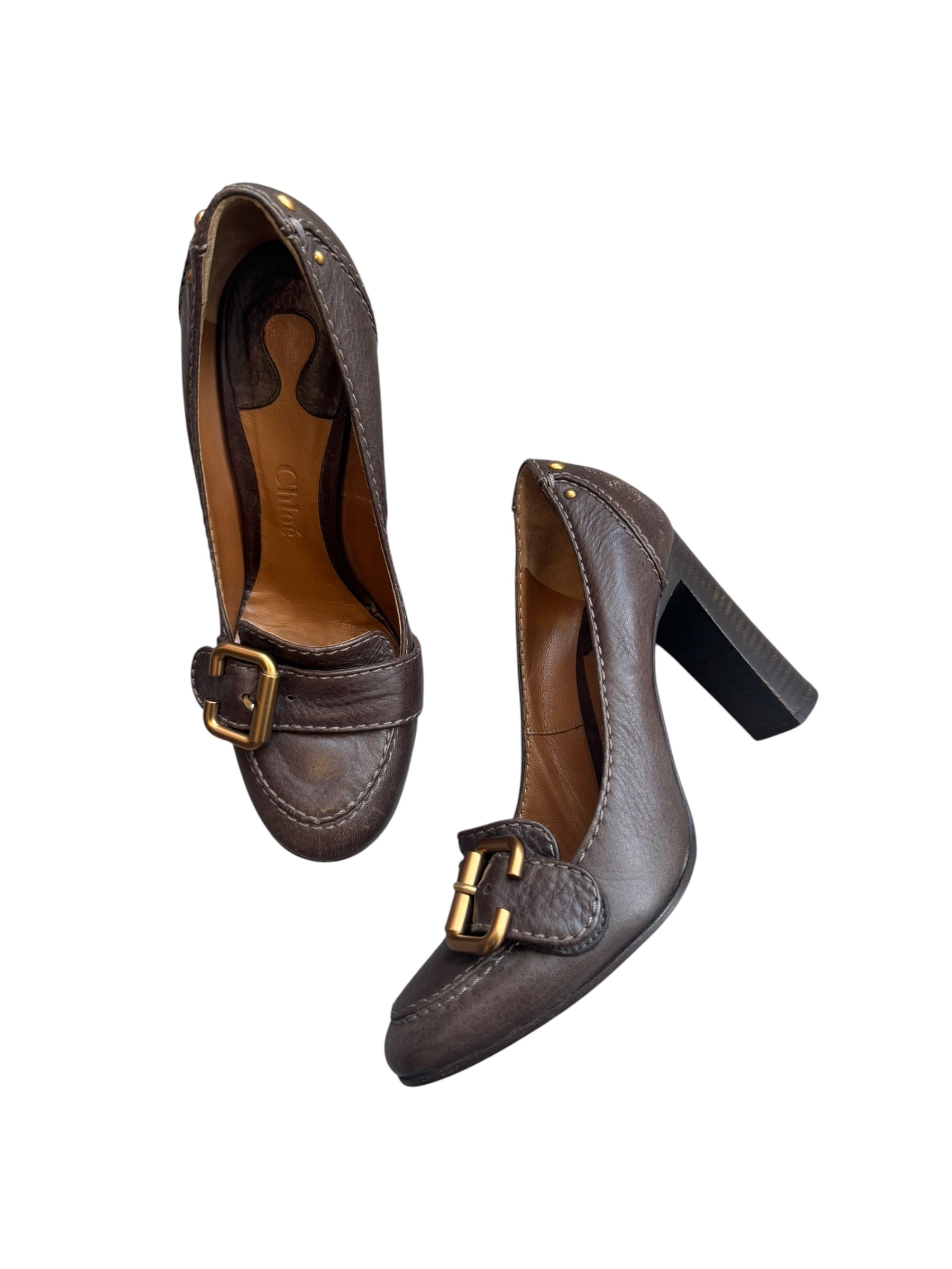 BROWN BUCKLE BLOCK HEEL @EA