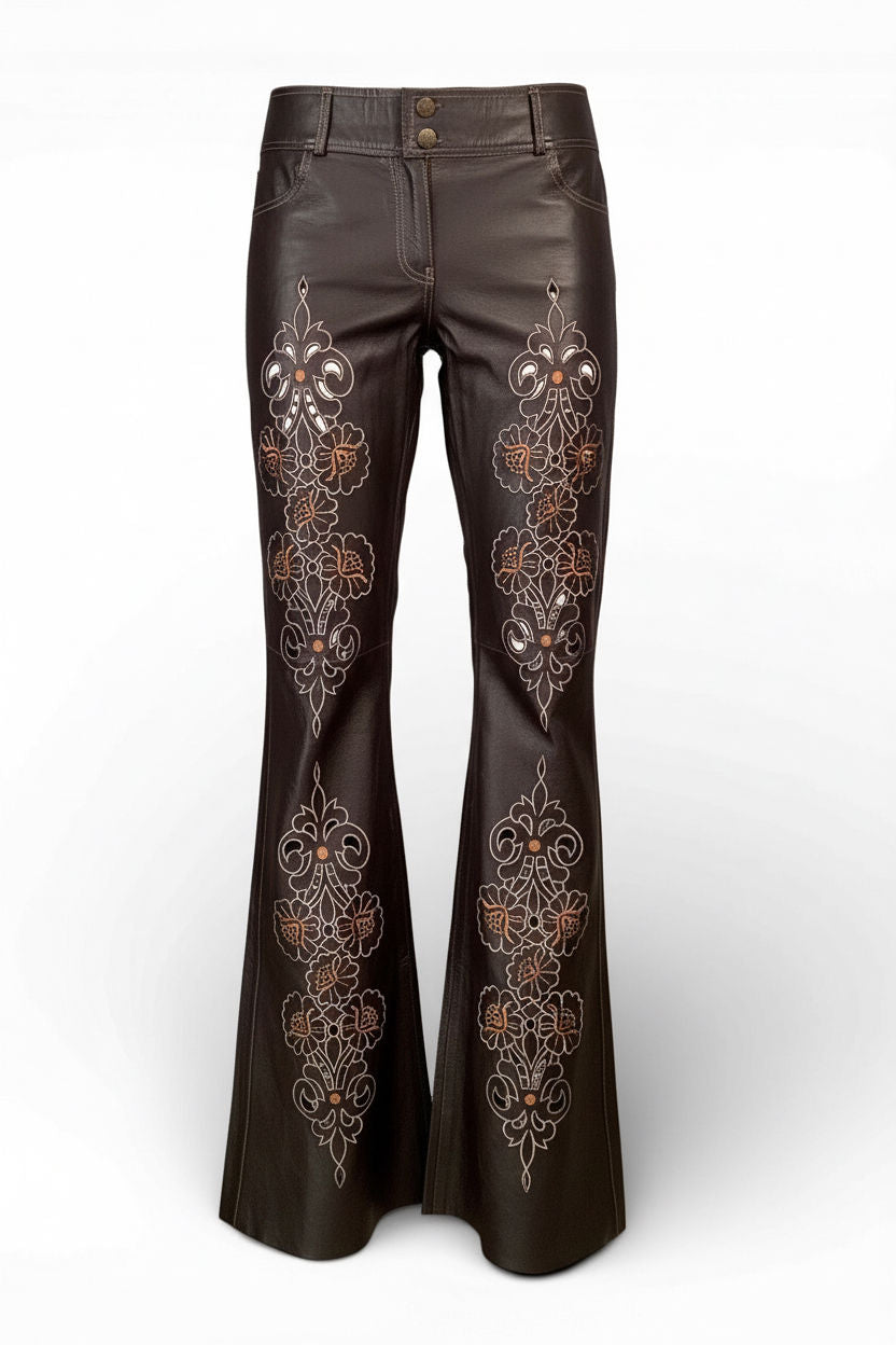 DARK BROWN LEATHER FLORAL LASER CUT PANTS @MMC