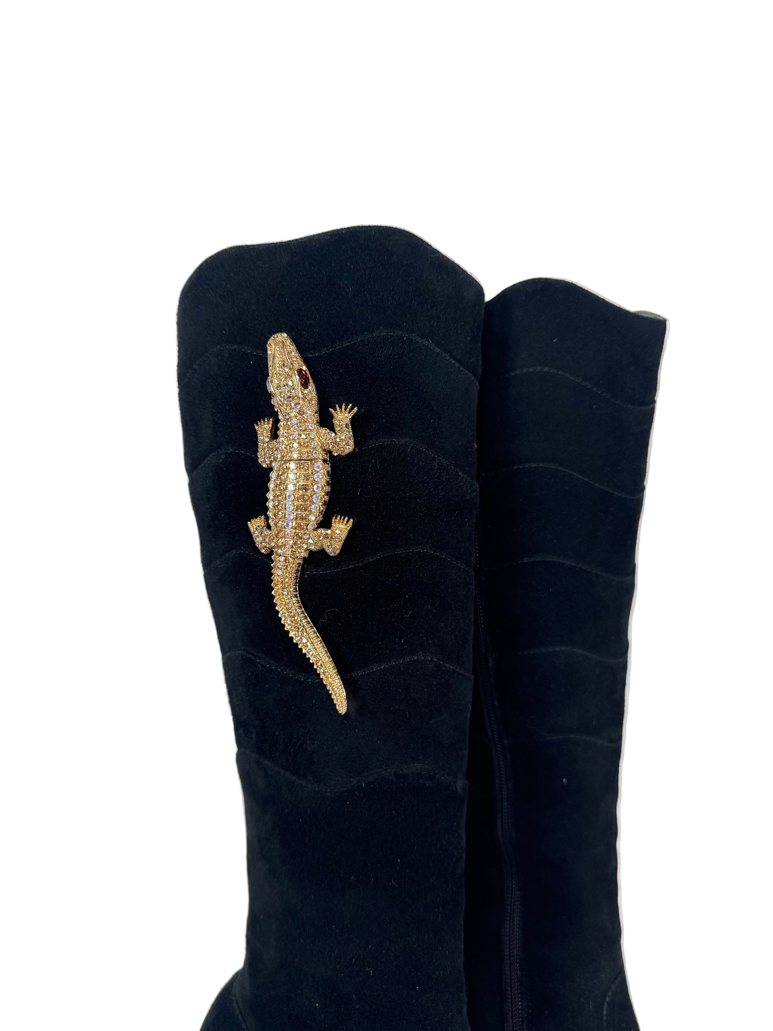 BLACK ULTRASUEDE RHINESTONE CROCODILE BOOTS