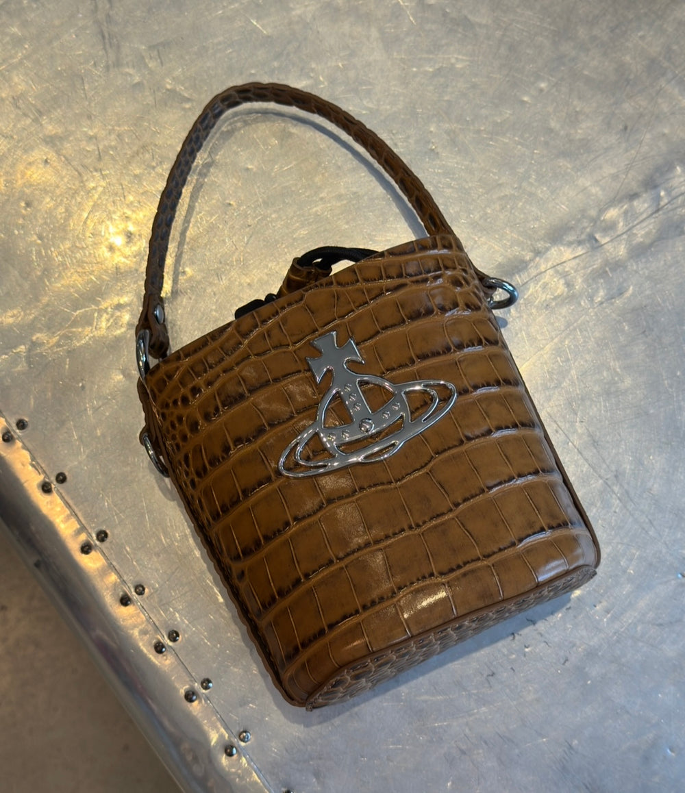 TAN CROC EMBOSSED DAISY BUCKET BAG
