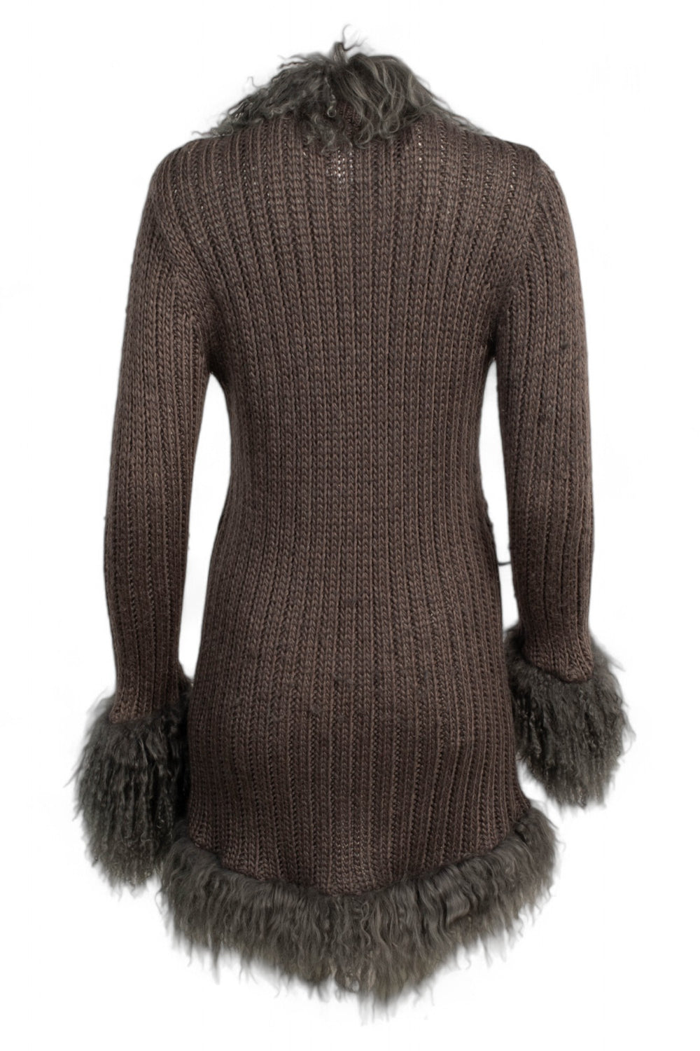 MONGOLIAN FUR GREY KNIT LONG CARDIGAN