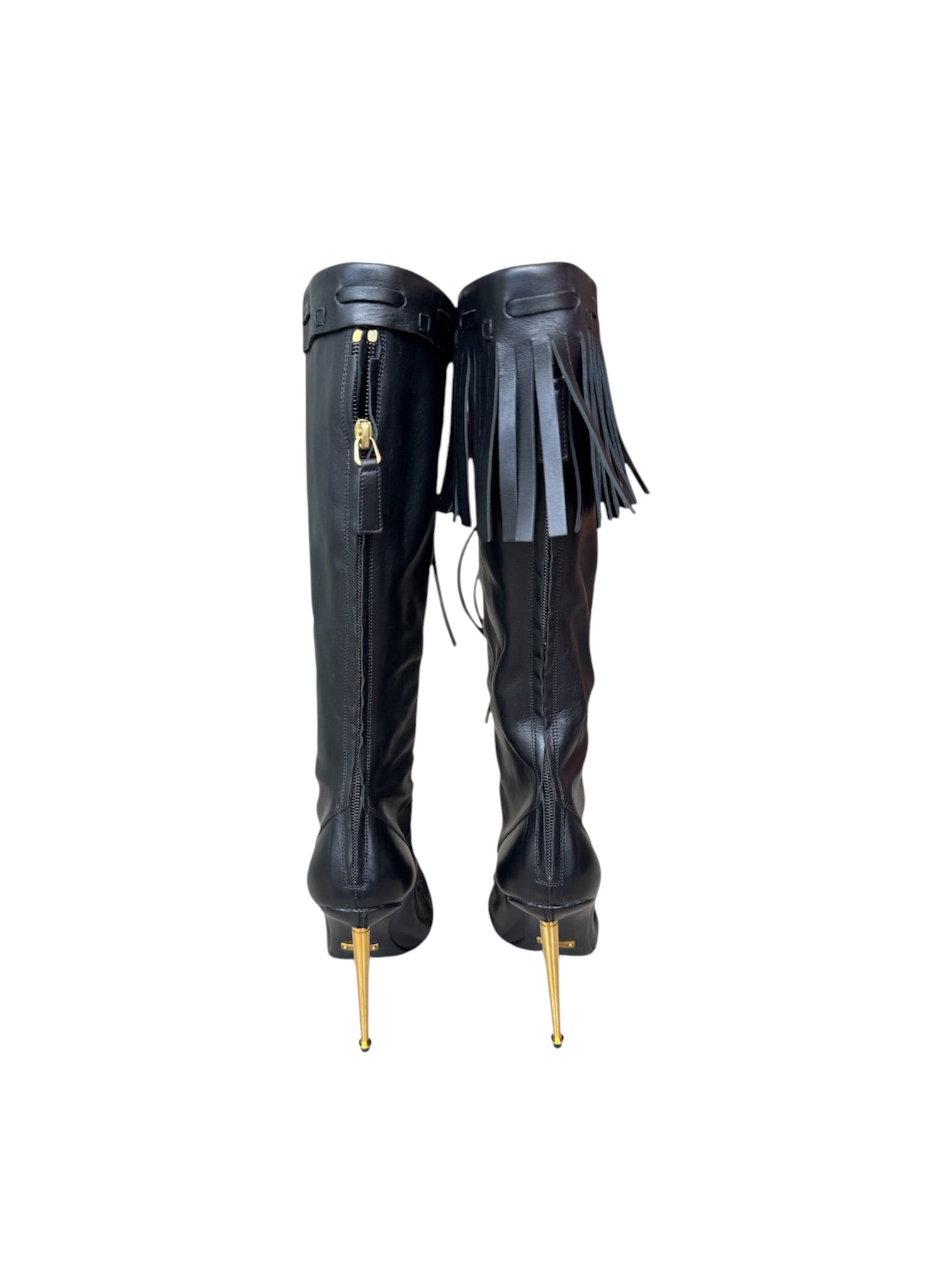 BLACK PATENT LEATHER LACE UP FRINGE BOOTS W GOLD HEEL