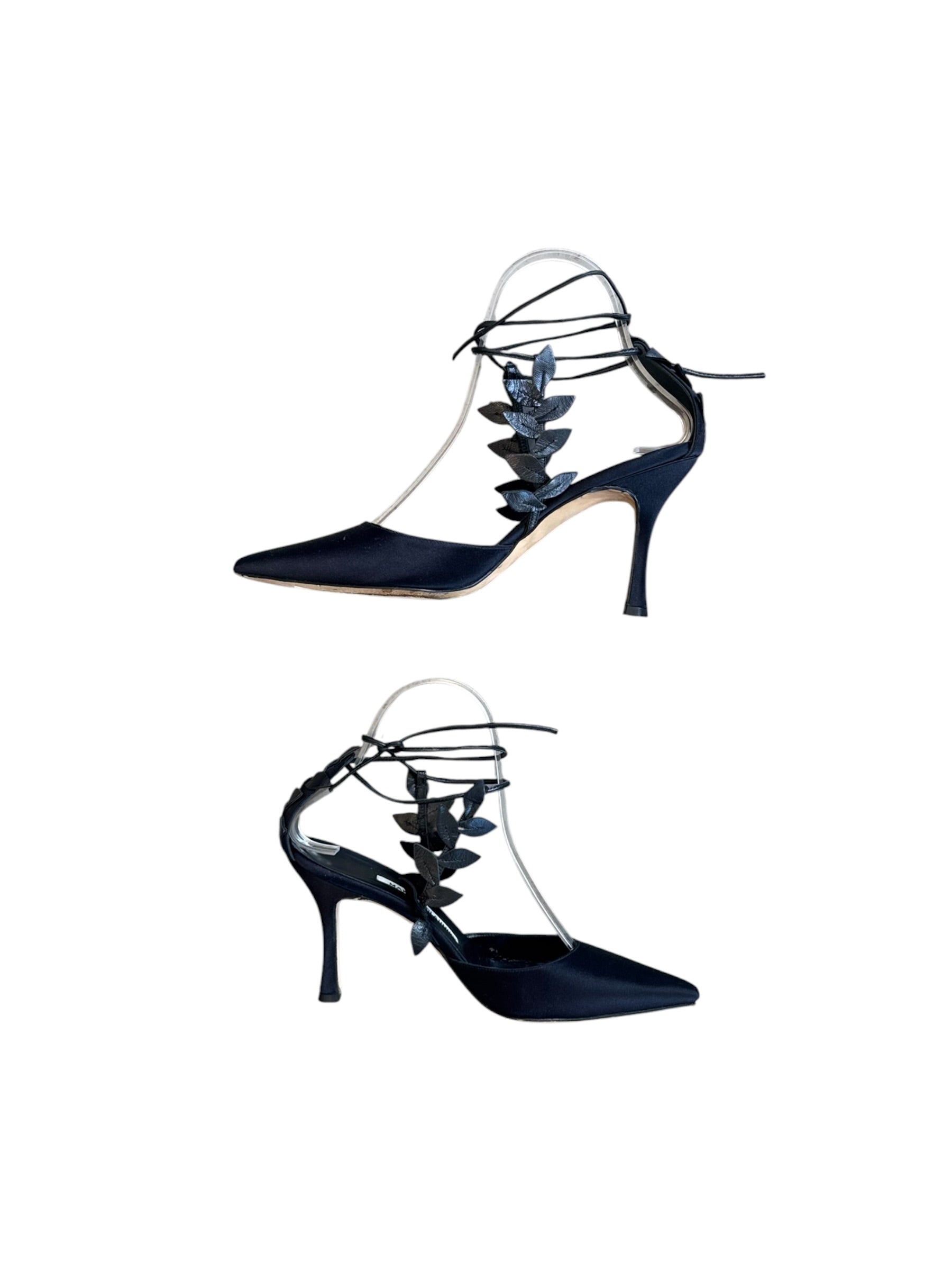 BLACK SATIN LEAF WRAP HEELS