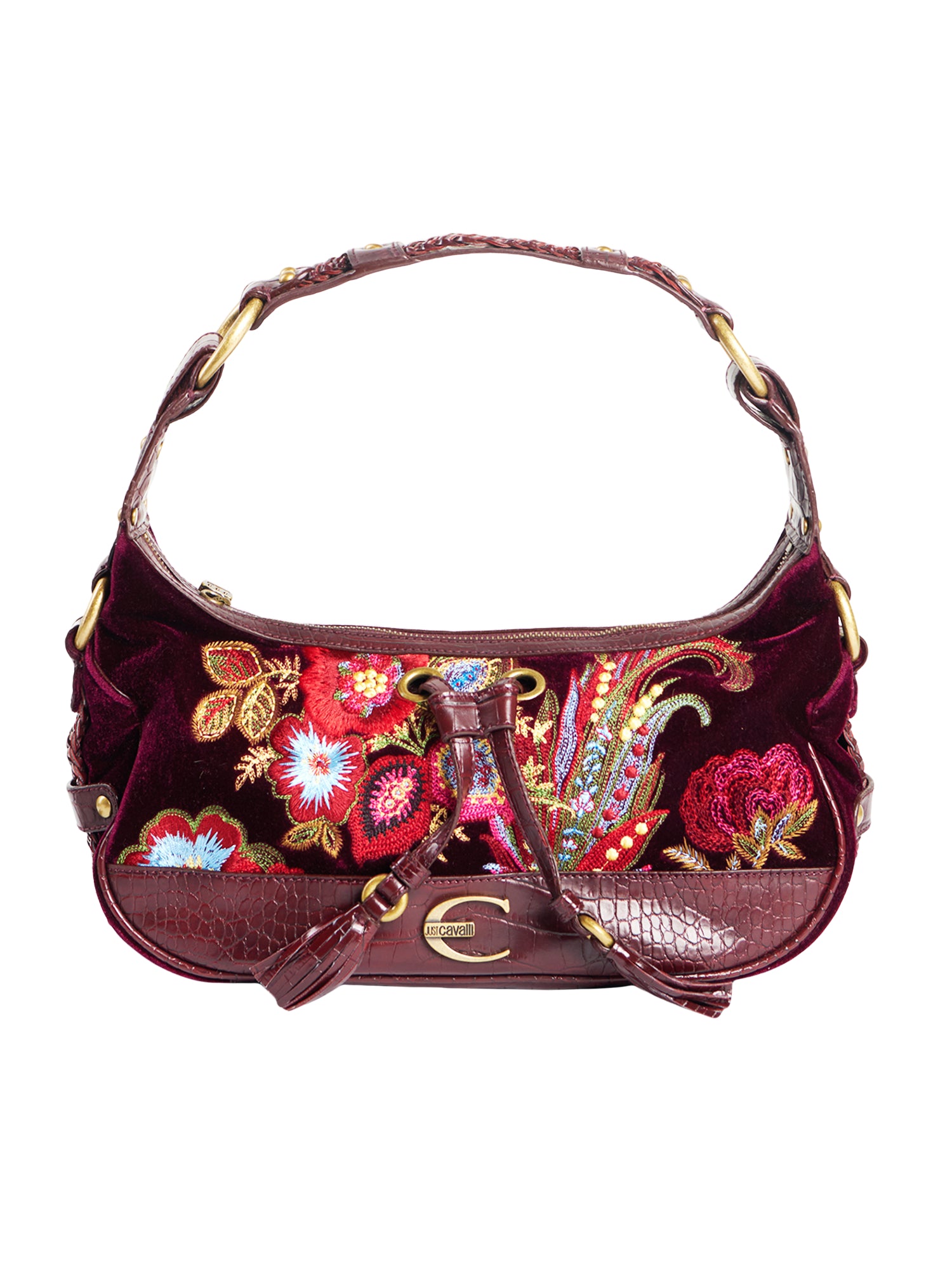 VELVET EMBROIDERED BURGUNDY SHOULDER BAG