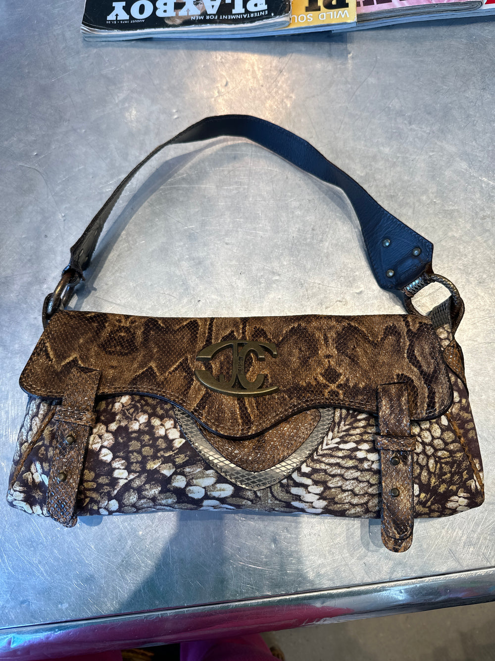 BROWN LEATHER SNAKE EMBOSSED SHOULDER PURSE