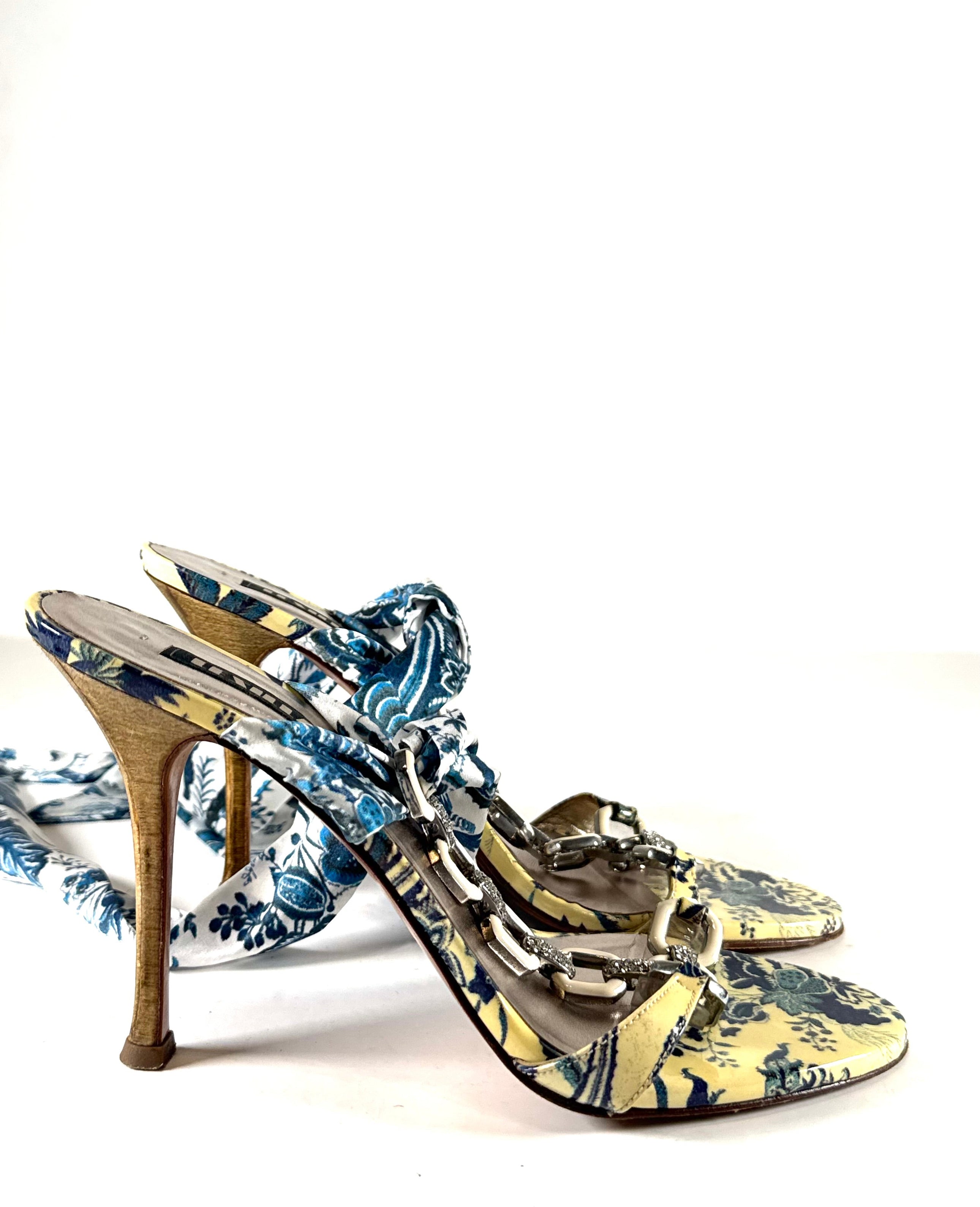 YELLOW & BLUE FLORAL STONED WRAP HEELS @JKOVA