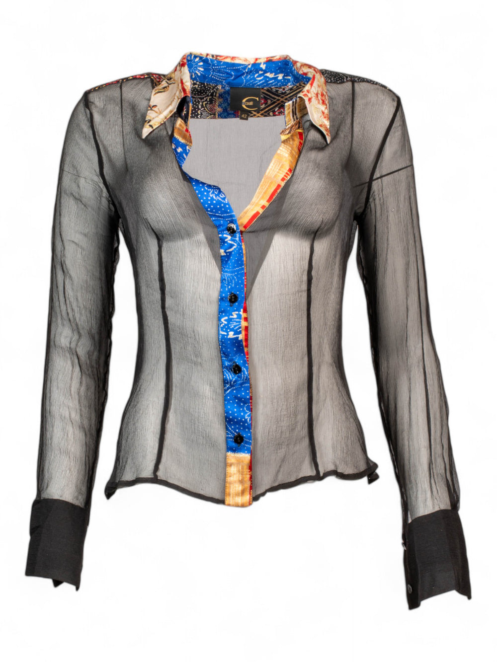 BLACK SILK SHEER BUTTON DOWN WITH ASIAN PRINT TRIM
