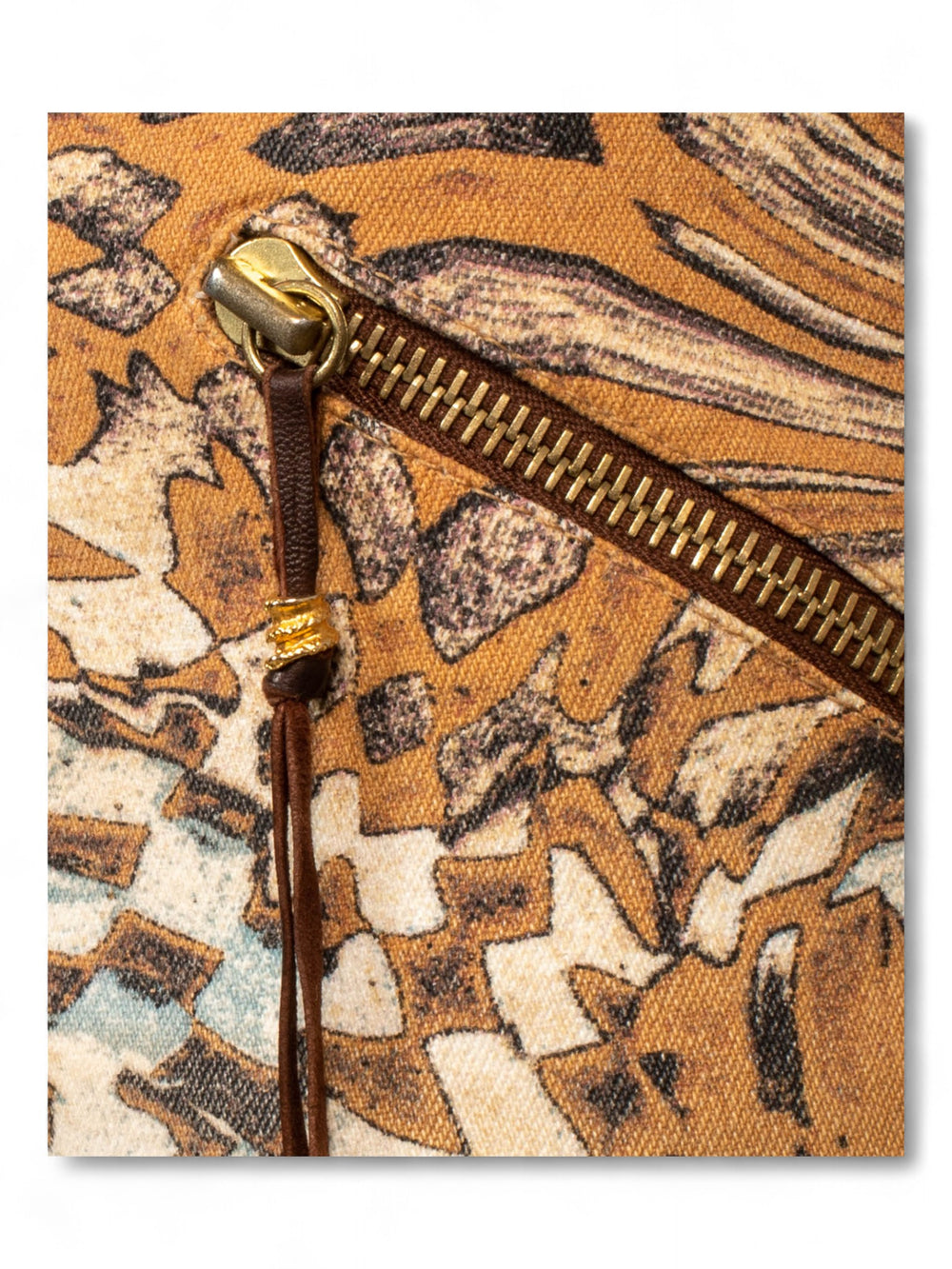 FW03 BROWN PRINTED JEANS W LEATHER TRIM