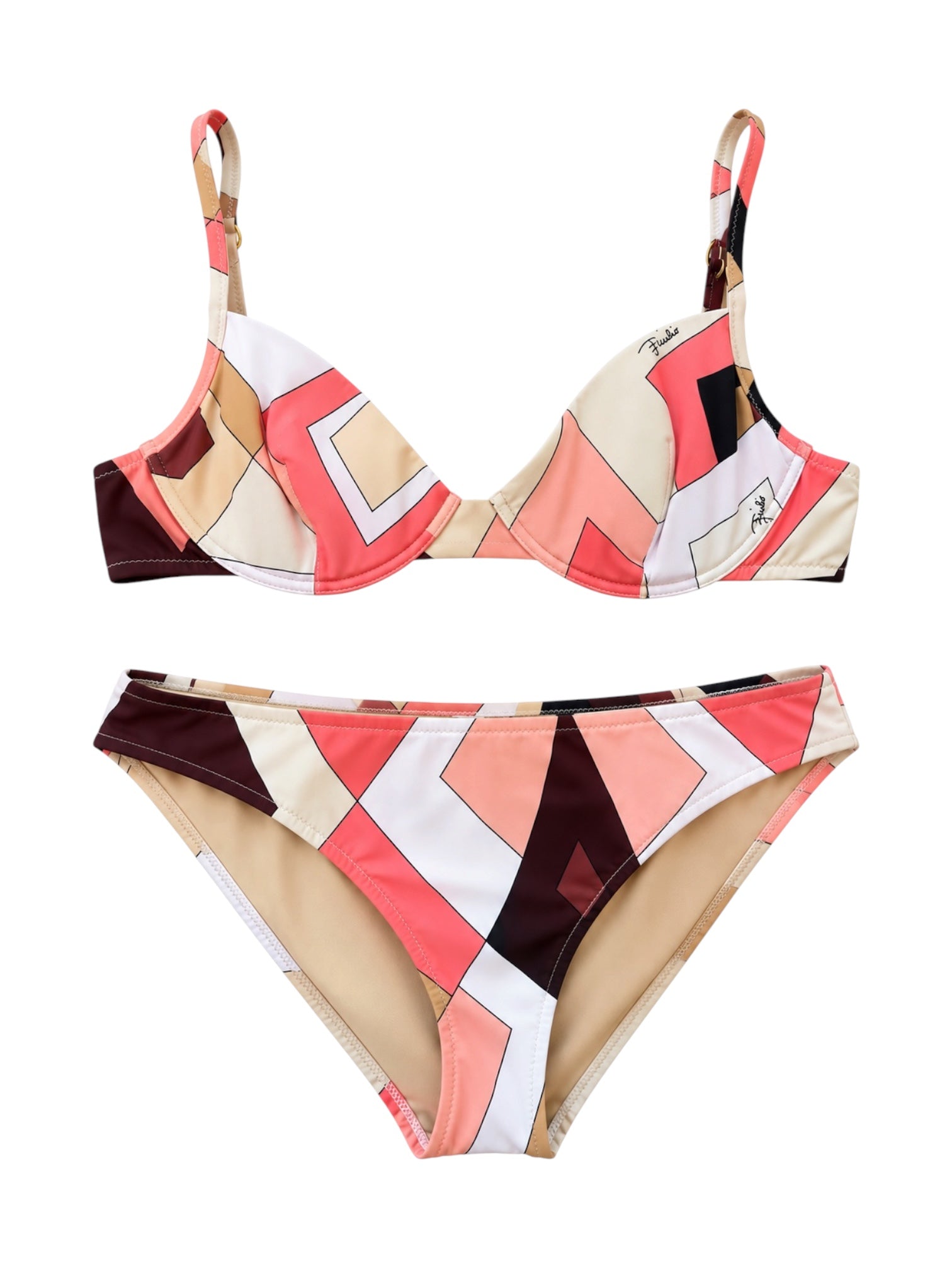 00S BROWN/PEACH GEOMETRIC PRINTED 2PC BIKINI