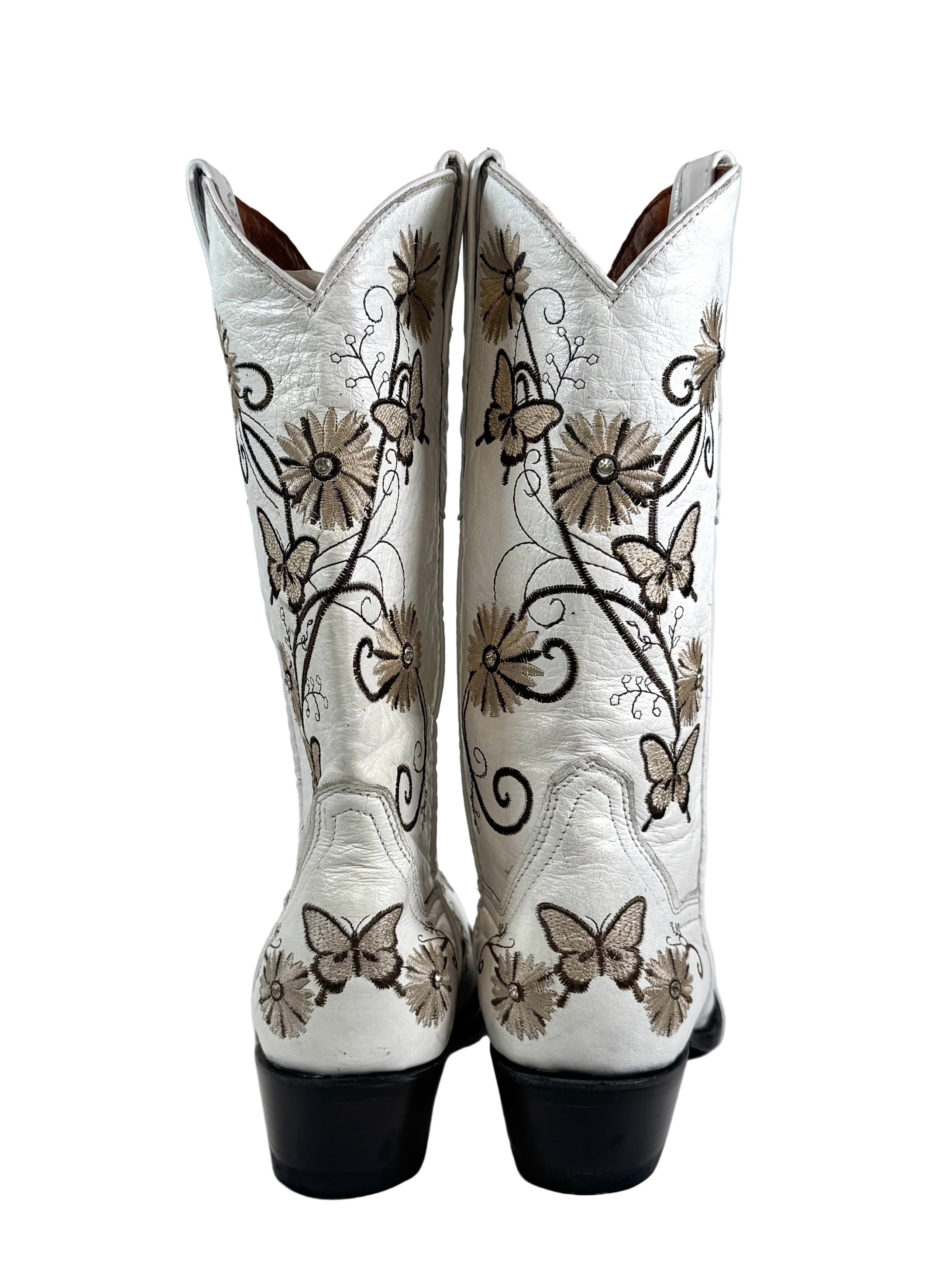 WHITE LEATHER COWBOY BOOTS W BUTTERFLIES