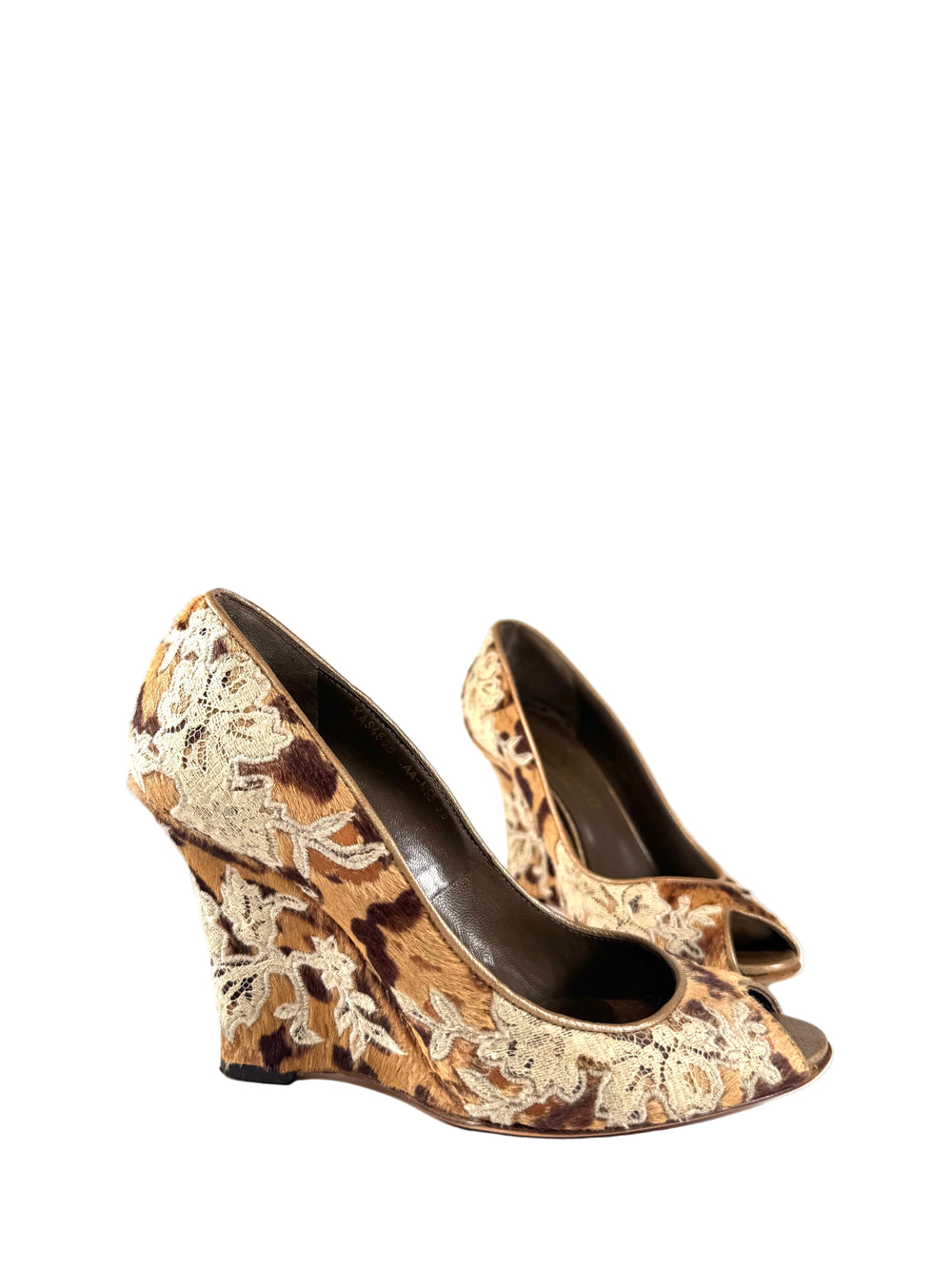 CALF-HAIR & LACE DETAIL PEEP TOE WEDGES