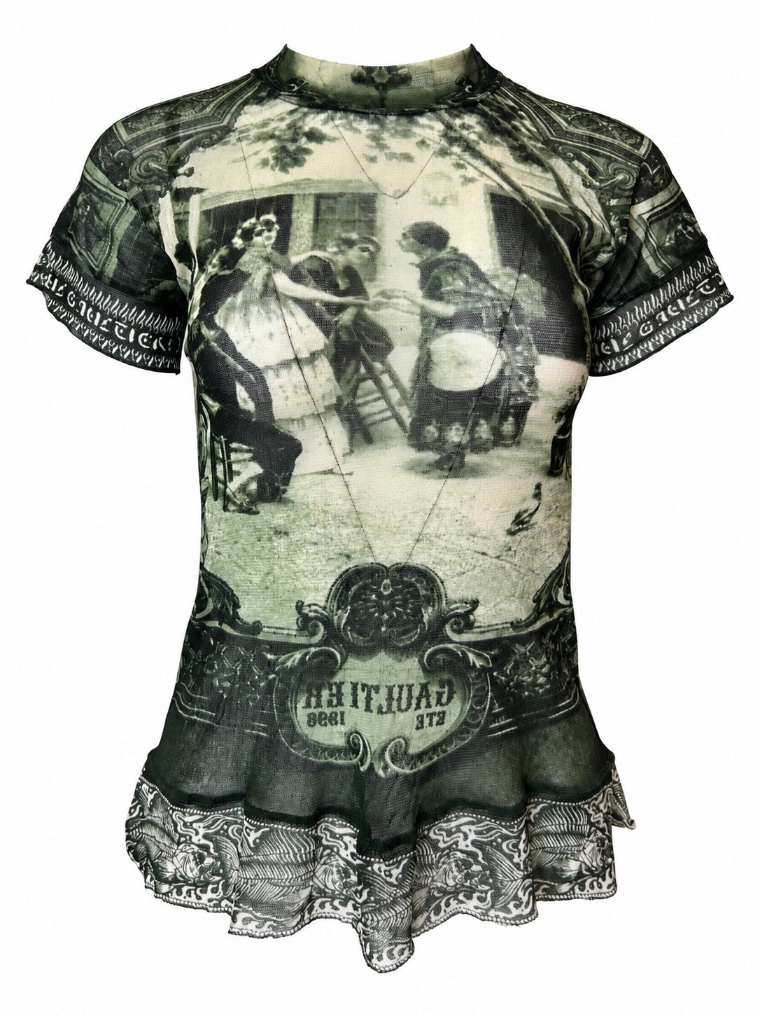 FW98 GREEN FRIDA KAHLO "FRENCH COURTYARD" MESH S/S TOP