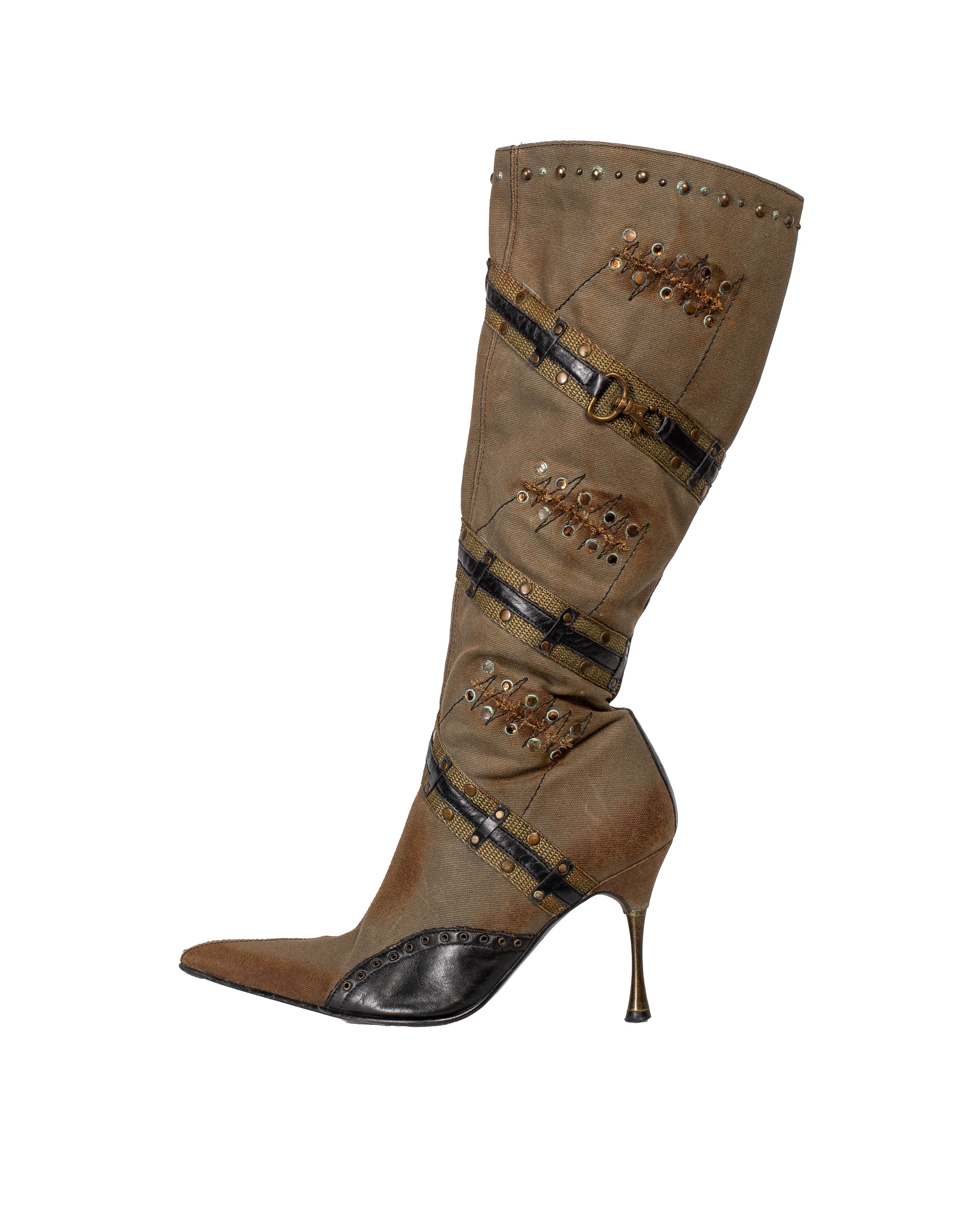 Military Green Distressed Studded Boots