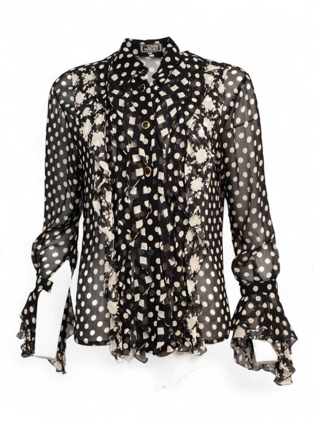 SS1993 B&W SHEER POLKA DOT FLORAL RUFFLE TOP @JCCG