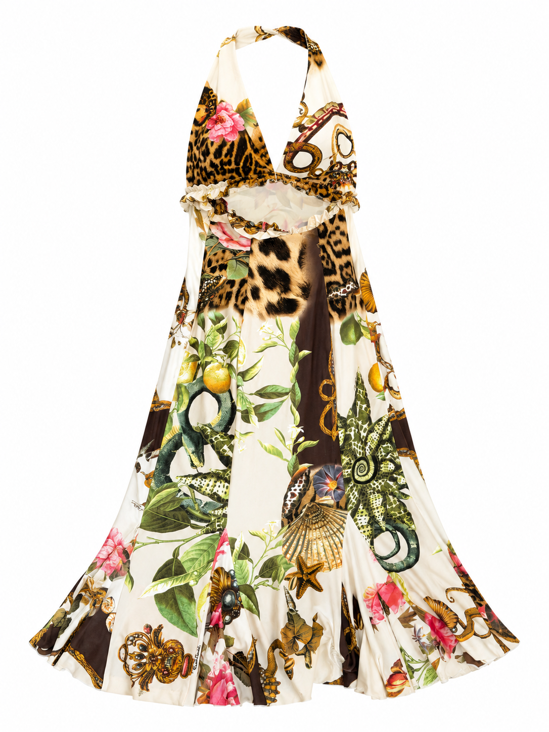 SS05 WHITE FLORAL/SNAKE/LEOPARD RUFFLE MIDI DRESS