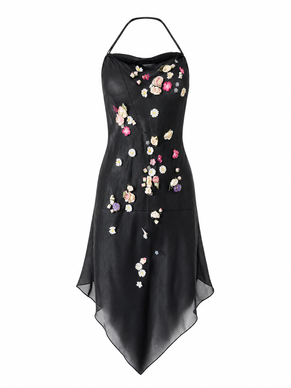 FW99 SHEER BLACK SILK DRESS W FLORAL APPLIQUES