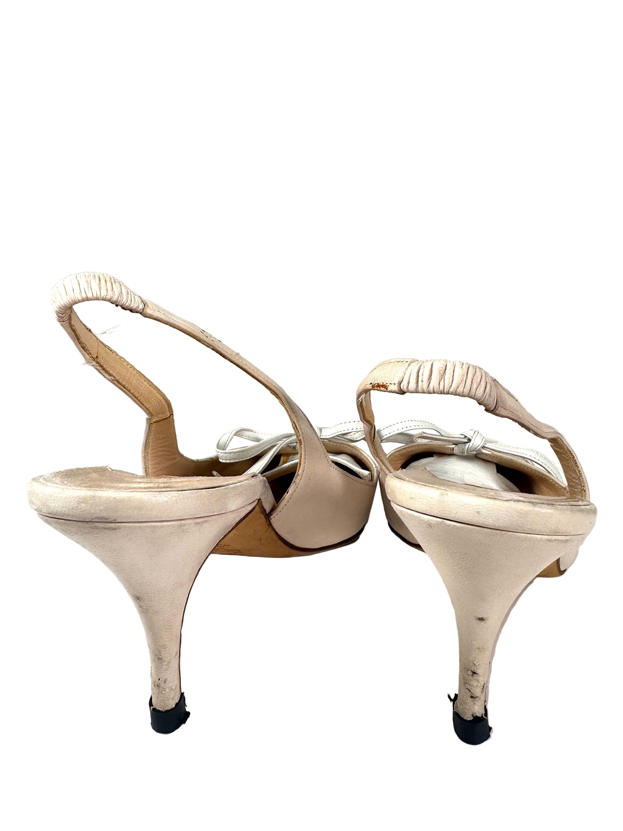 BEIGE LEATHER SLINGBACK BOW PUMPS