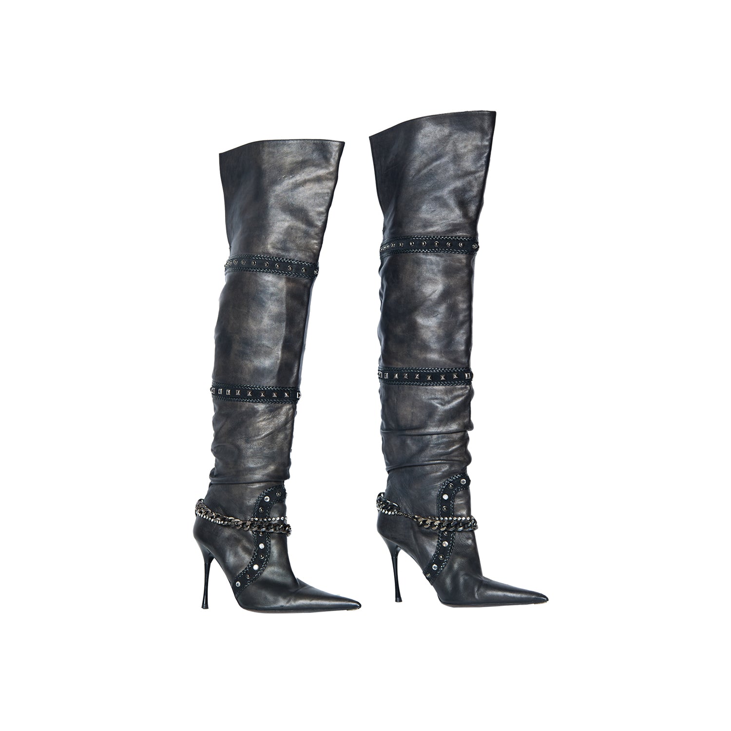 BLACK LEATHER CHAIN THIGH HIGH BOOTS