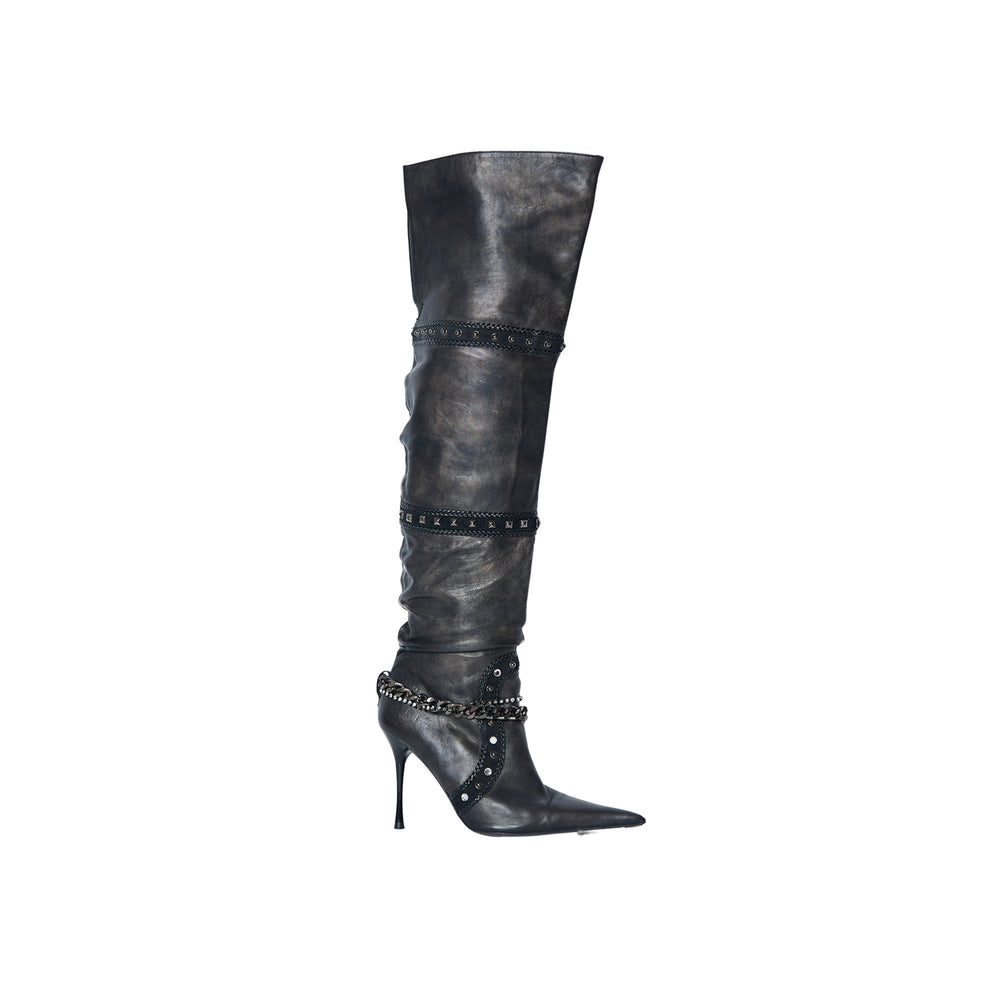 BLACK LEATHER CHAIN THIGH HIGH BOOTS