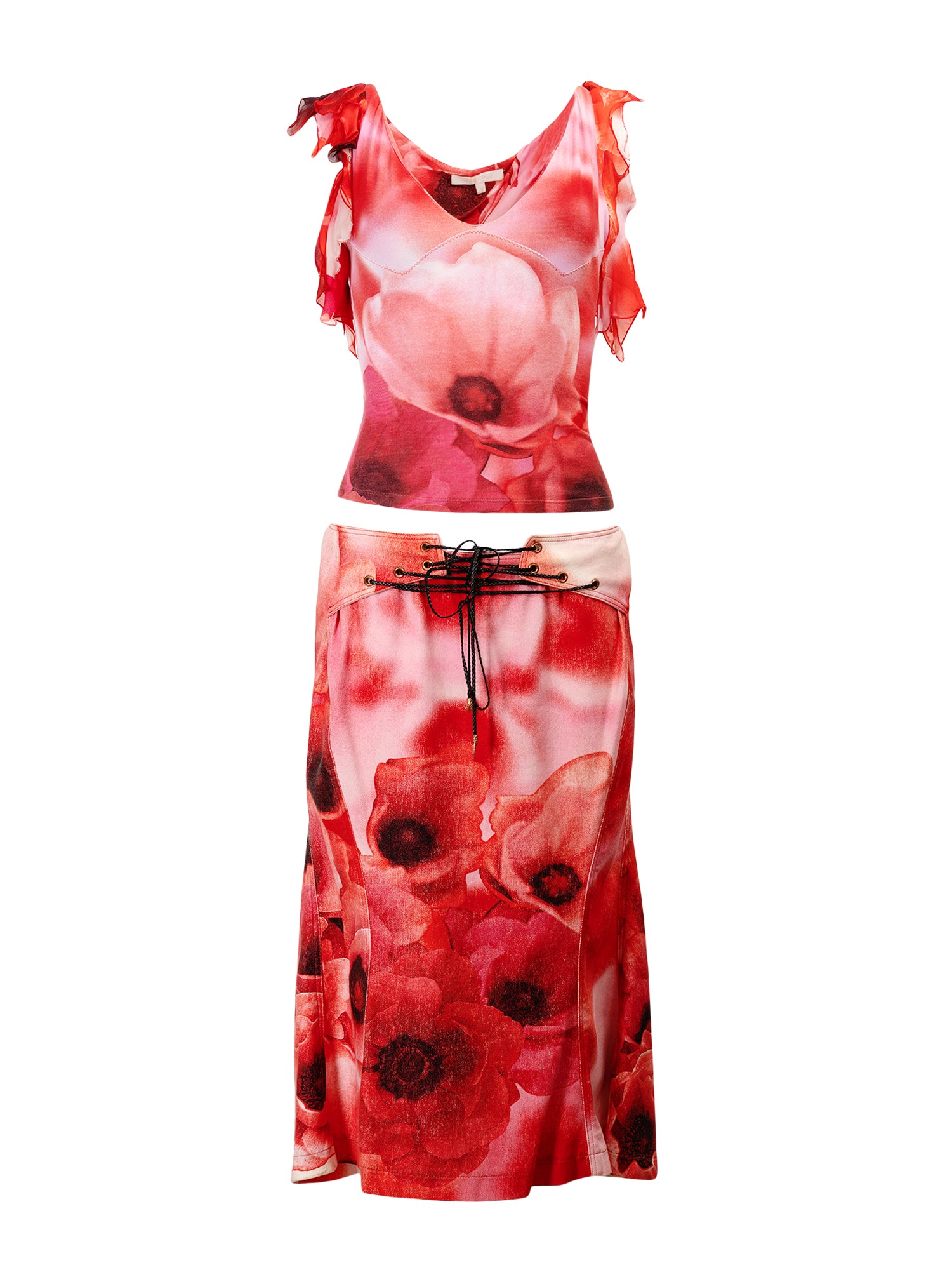 SS02 RED POPPY PRINTED TANK & LACE UP SKIRT SET