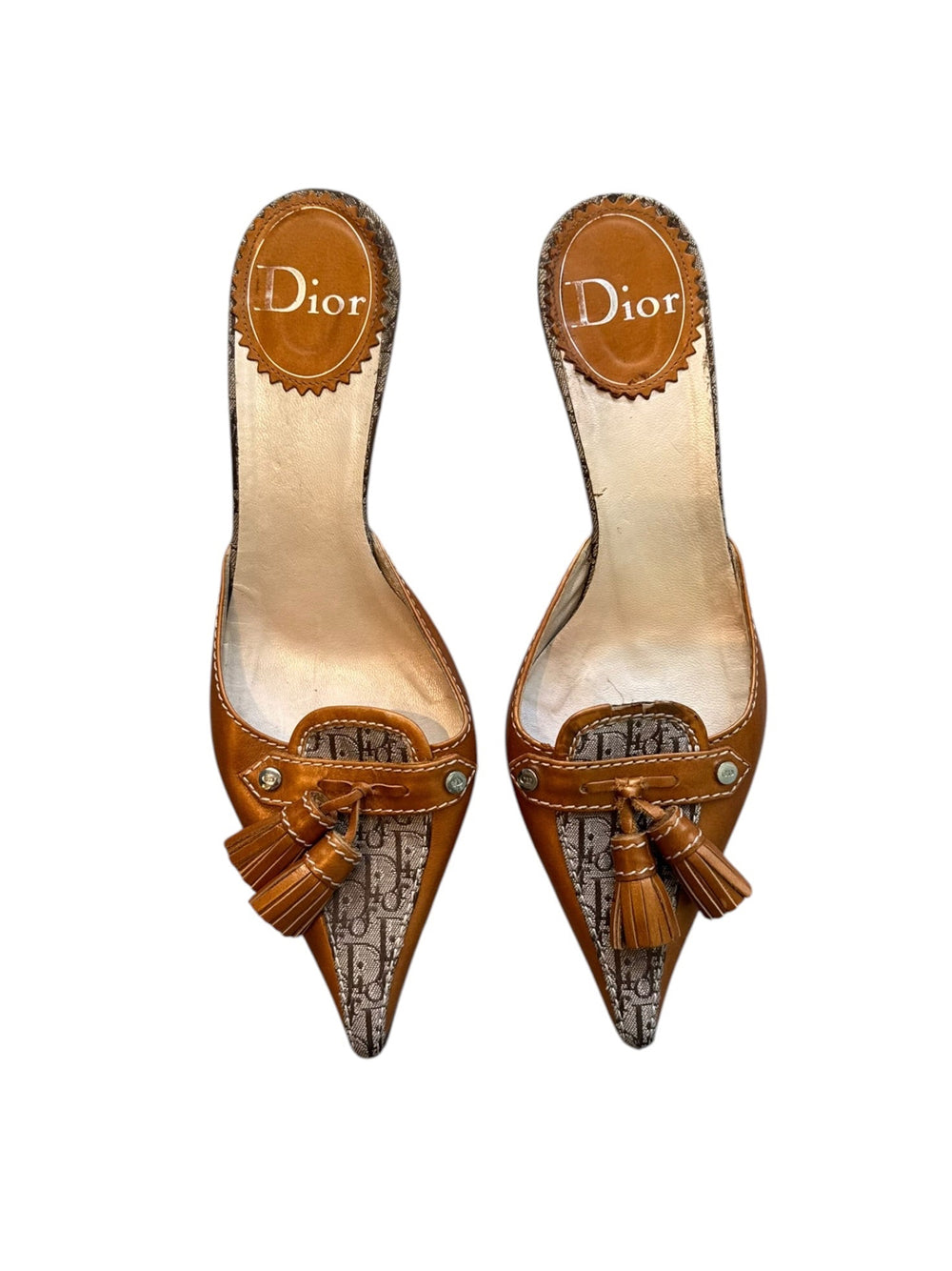CAMEL BROWN MONOGRAM TASSEL MULES @FAR