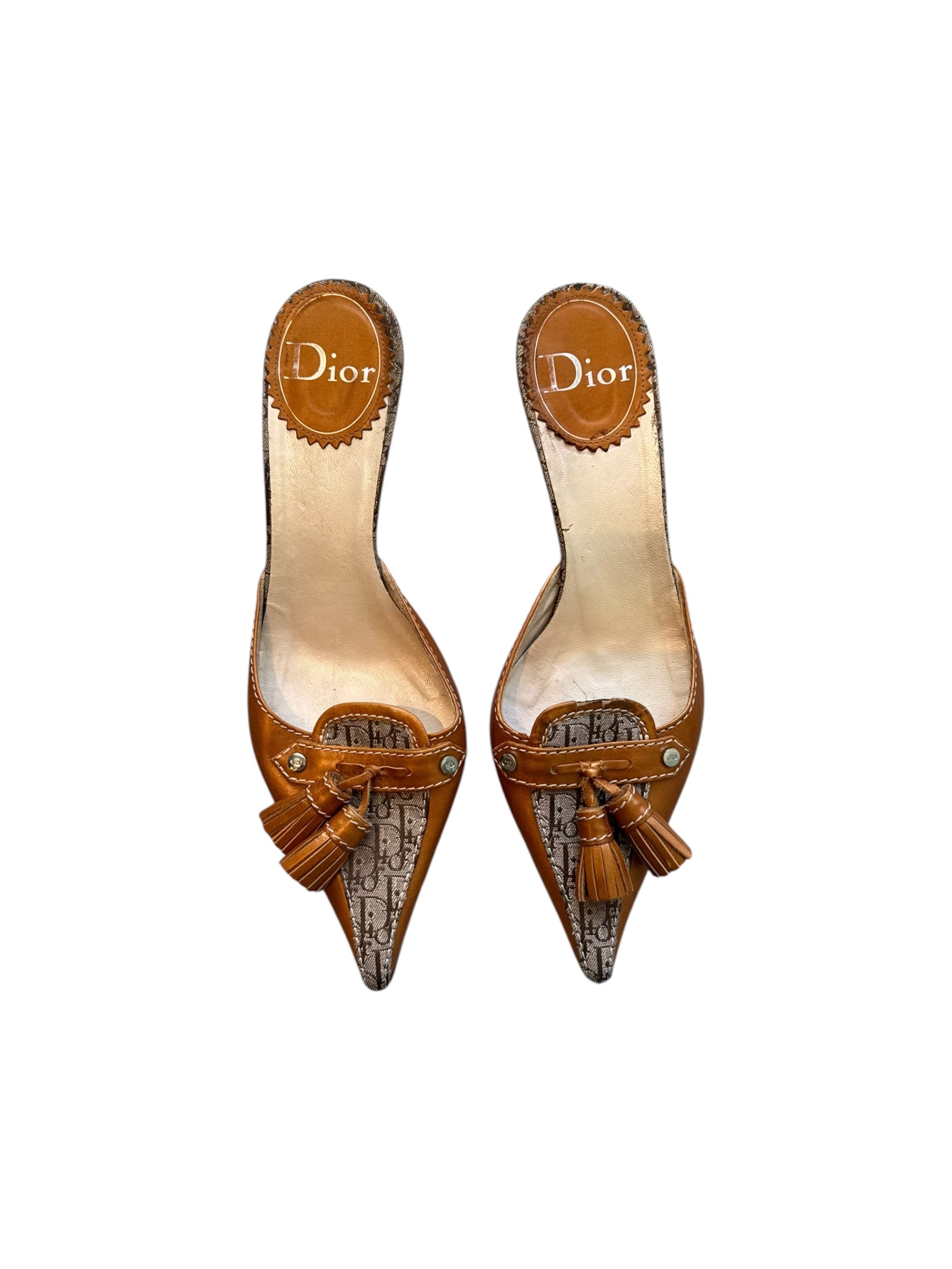 CAMEL BROWN MONOGRAM TASSEL MULES @FAR