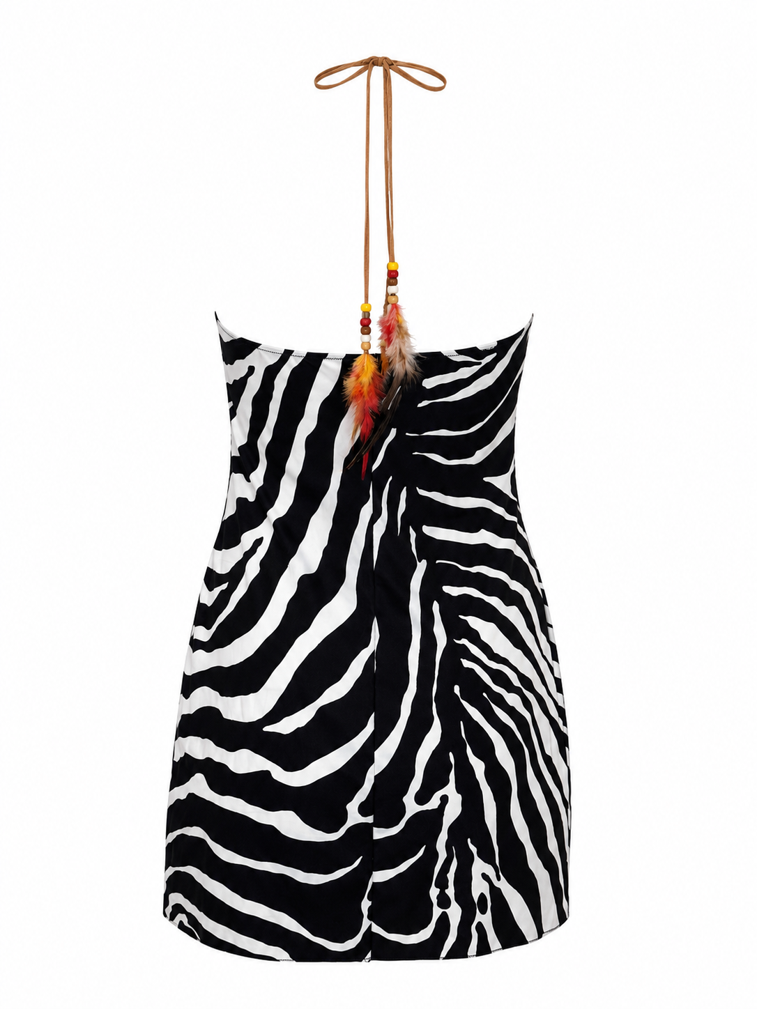 ZEBRA PRINTED MINI HALTER DRESS W FEATHER/BEADING