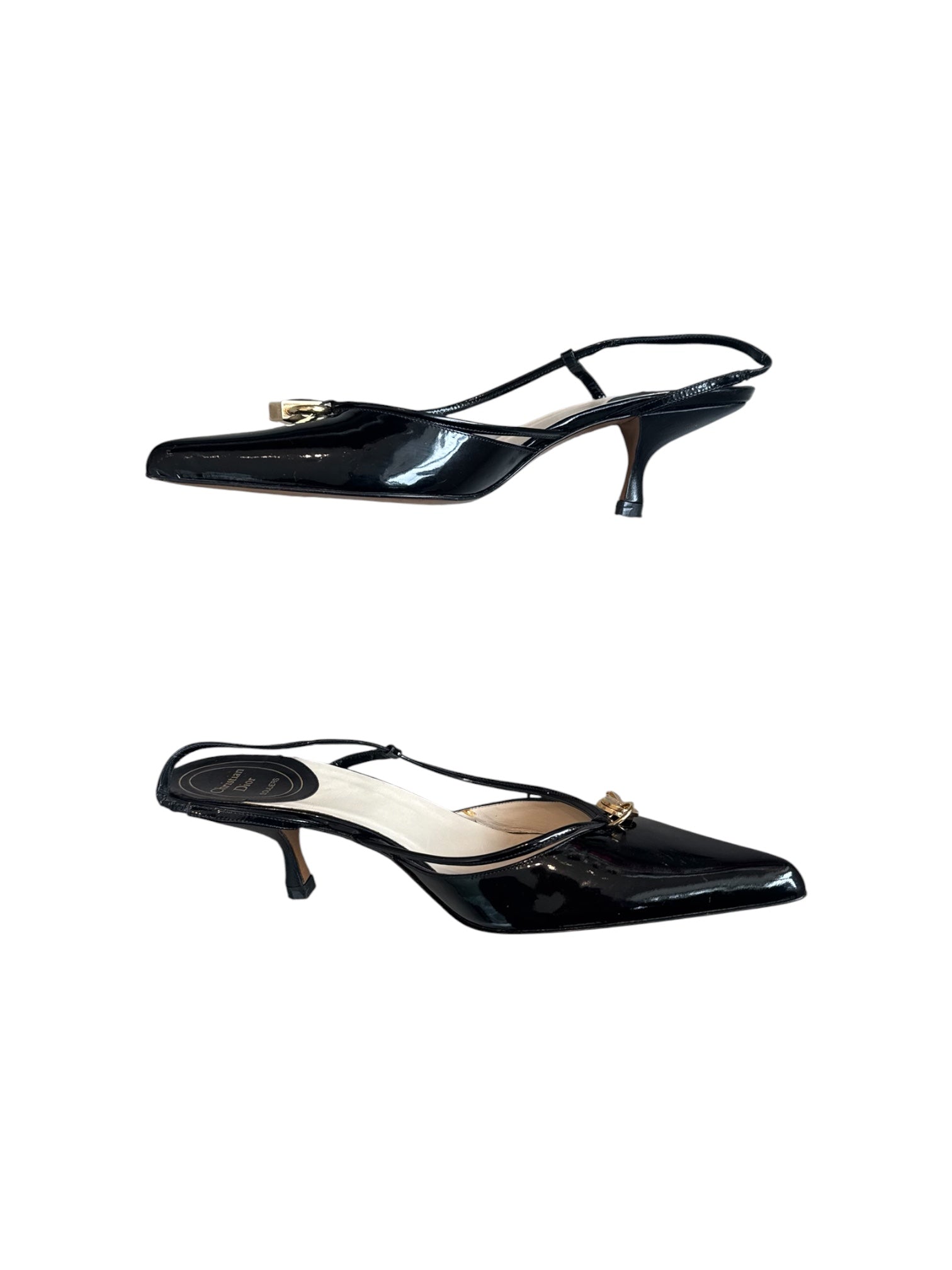 BLACK PATENT SLINGBACK MULES W LOCK AND KEY @FAR