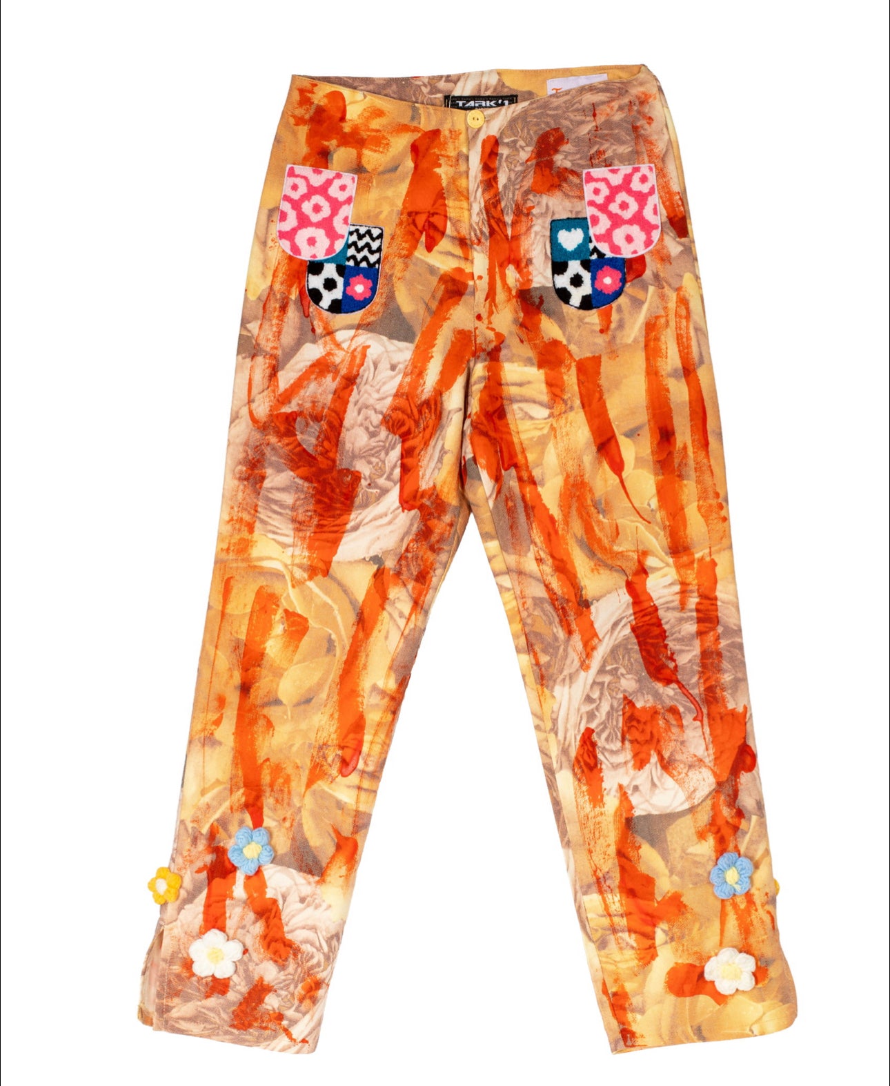 90S FRENCH ORANGE PRINTED CROPPED PANTS WITH PATCHES