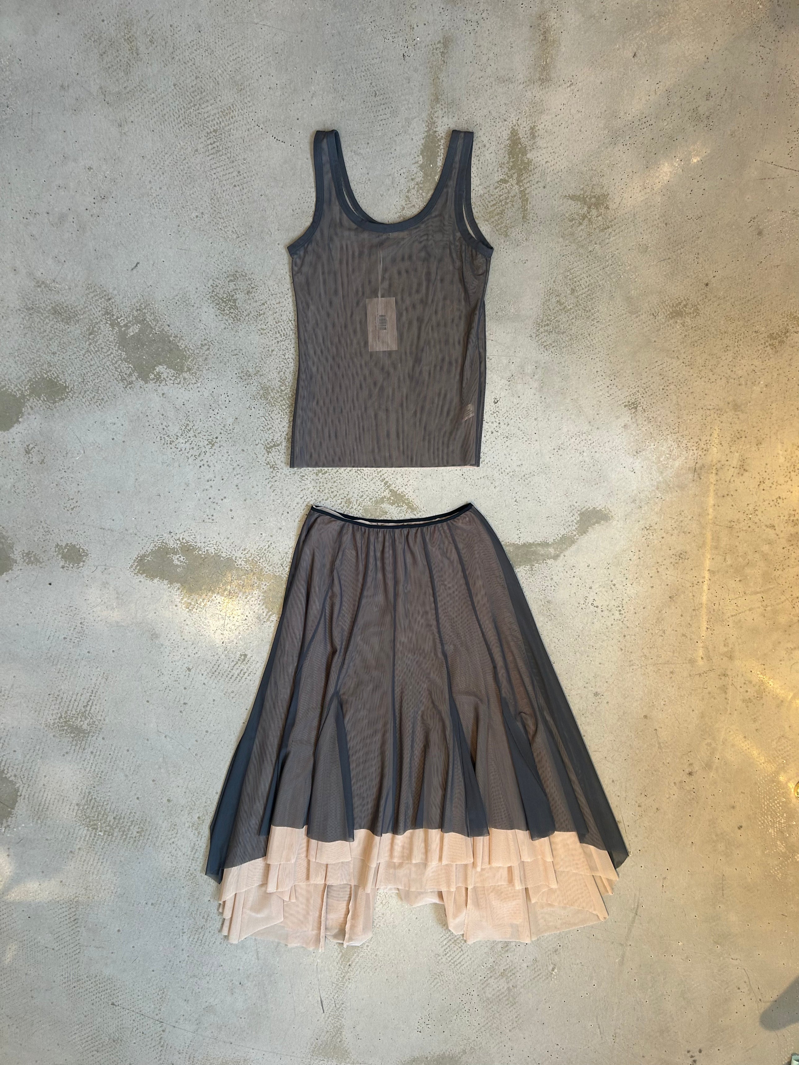 GREY/BEIGE LAYERED MESH MAXI SKIRT & TOP SET @EBRAUN