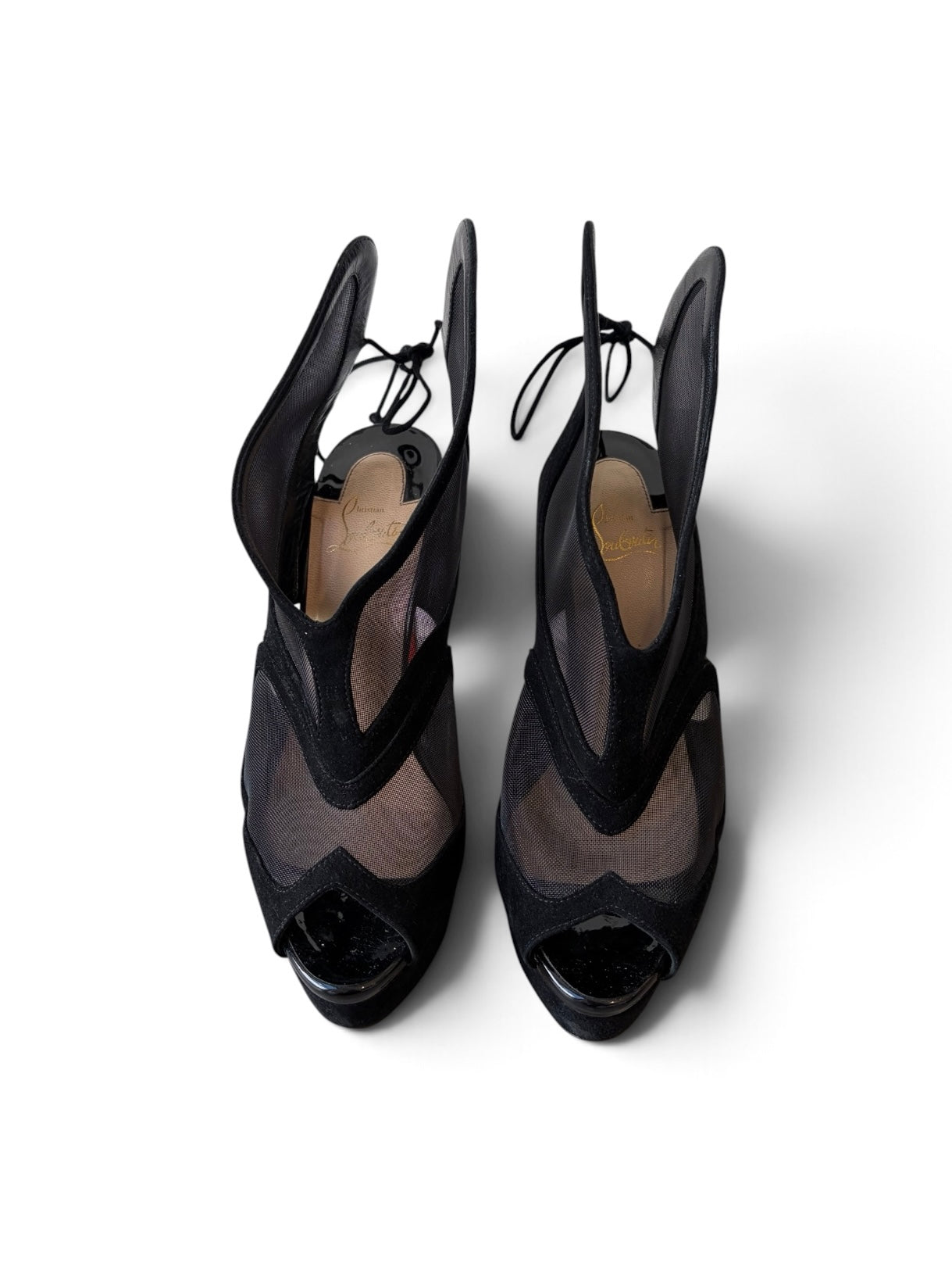 BLACK MESH/SUEDE FARFAMESH 150 PEEP TOE HEELS