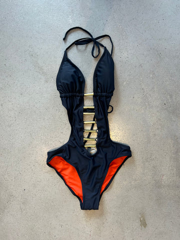 BLACK CUT OUT & GOLD HARDWARE ONE PIECE BIKINI
