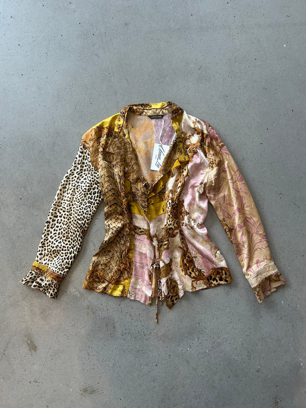 2005 RARE SILK ORNATE/ANIMAL PRINTED TIE UP BLOUSE