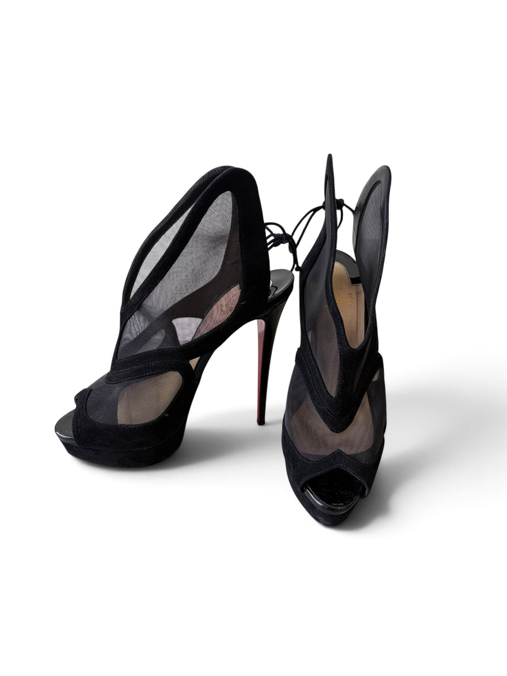 BLACK MESH/SUEDE FARFAMESH 150 PEEP TOE HEELS
