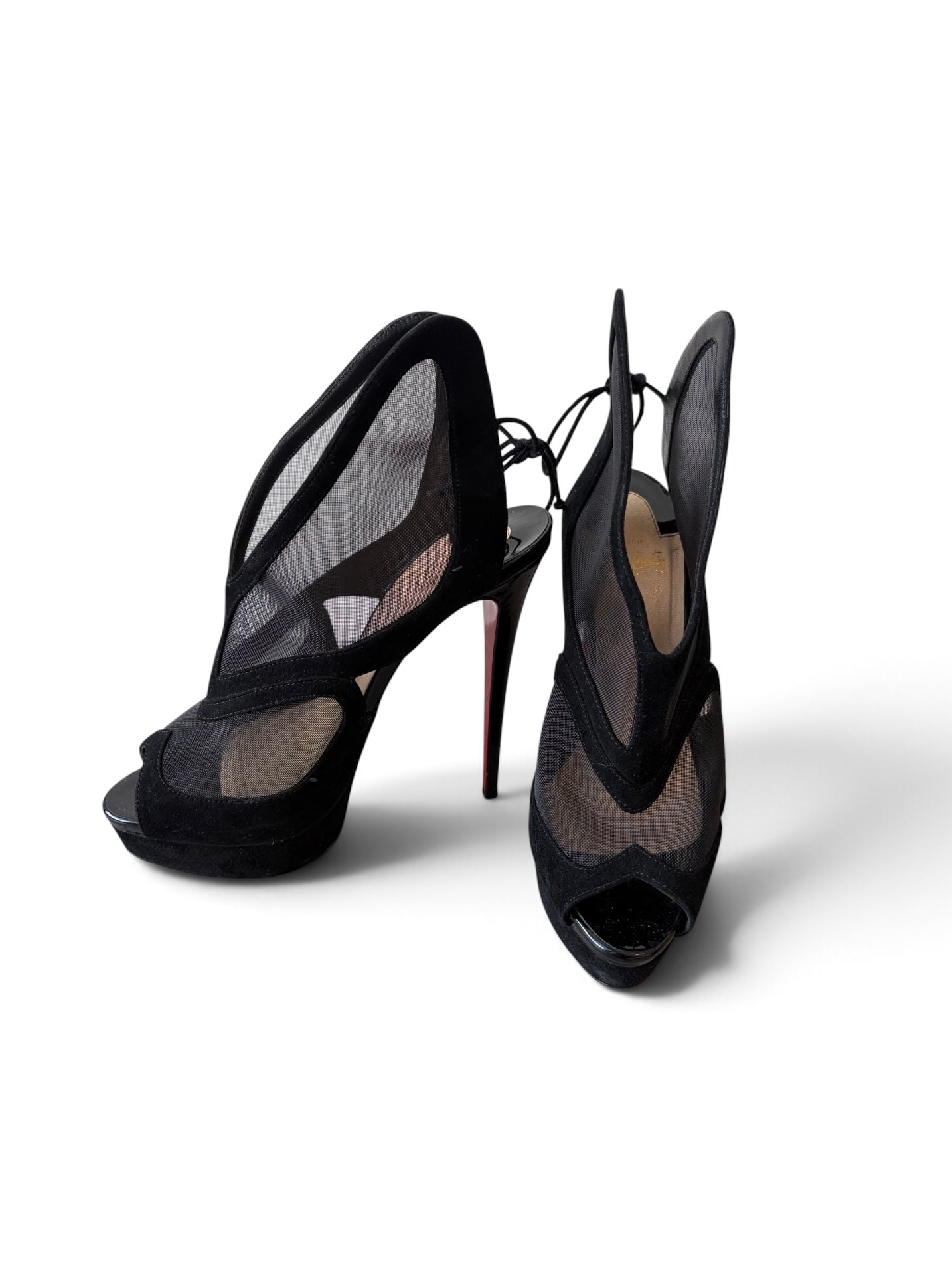 BLACK MESH/SUEDE FARFAMESH 150 PEEP TOE HEELS
