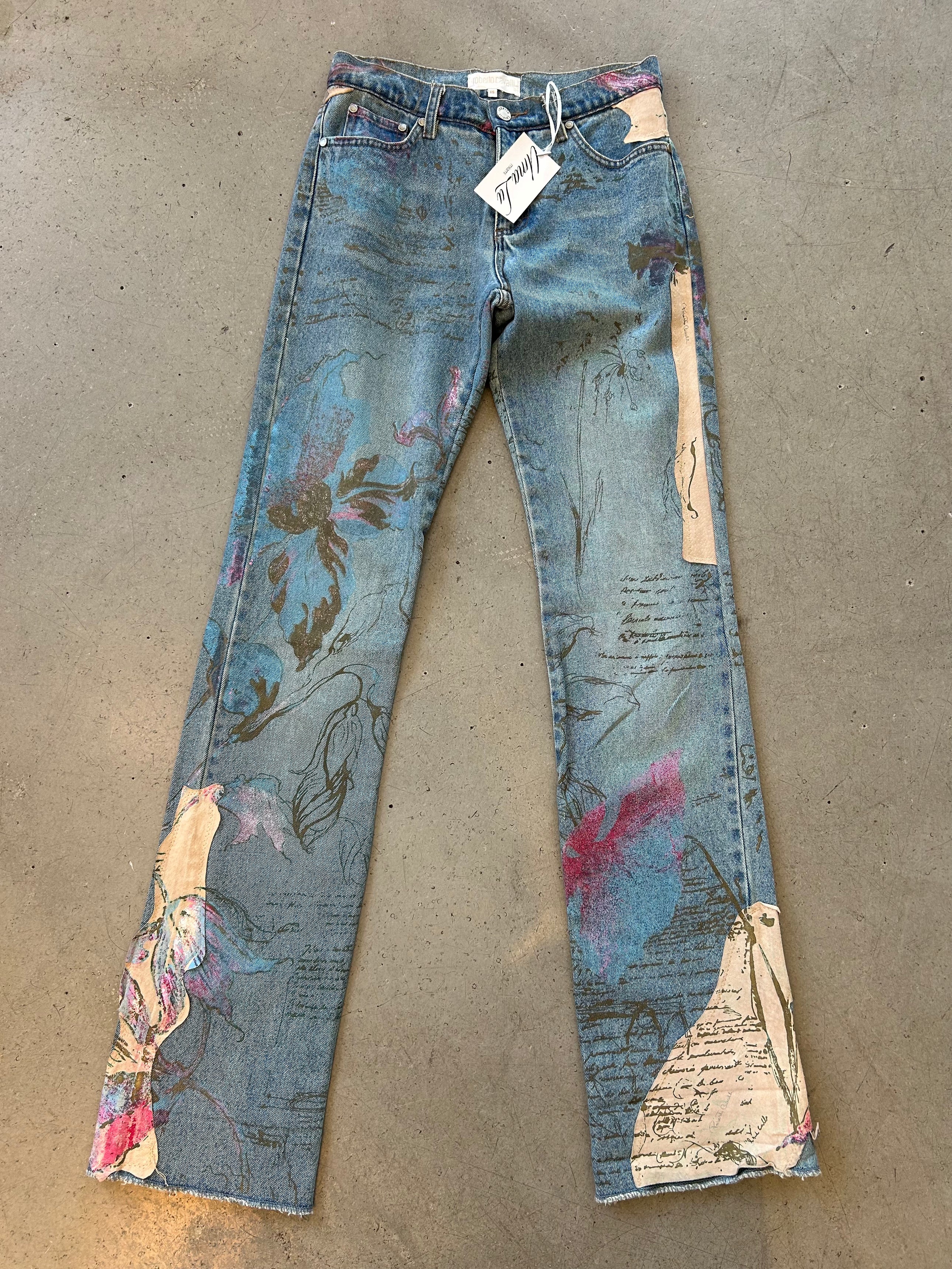 VINTAGE DENIM STENCIL & LEATHER FLARE JEANS