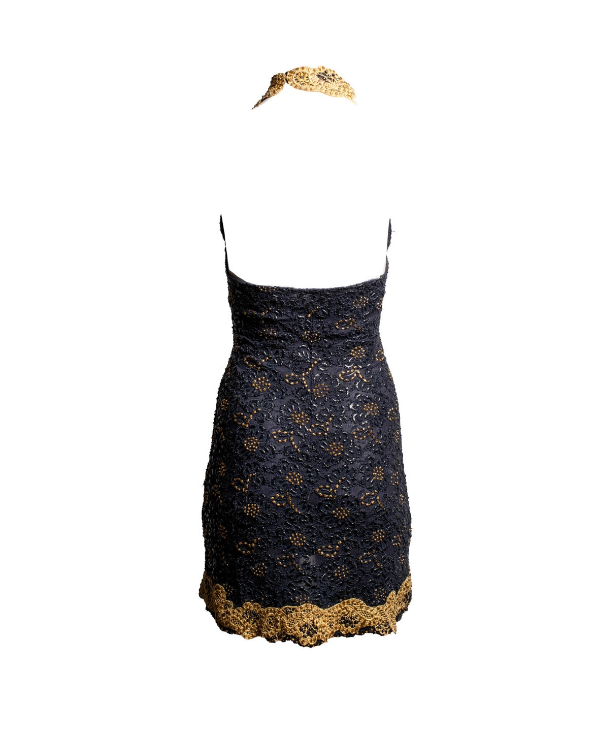 00S RARE HANDPAINTED GOLD/NAVY KNIT HALTER DRESS