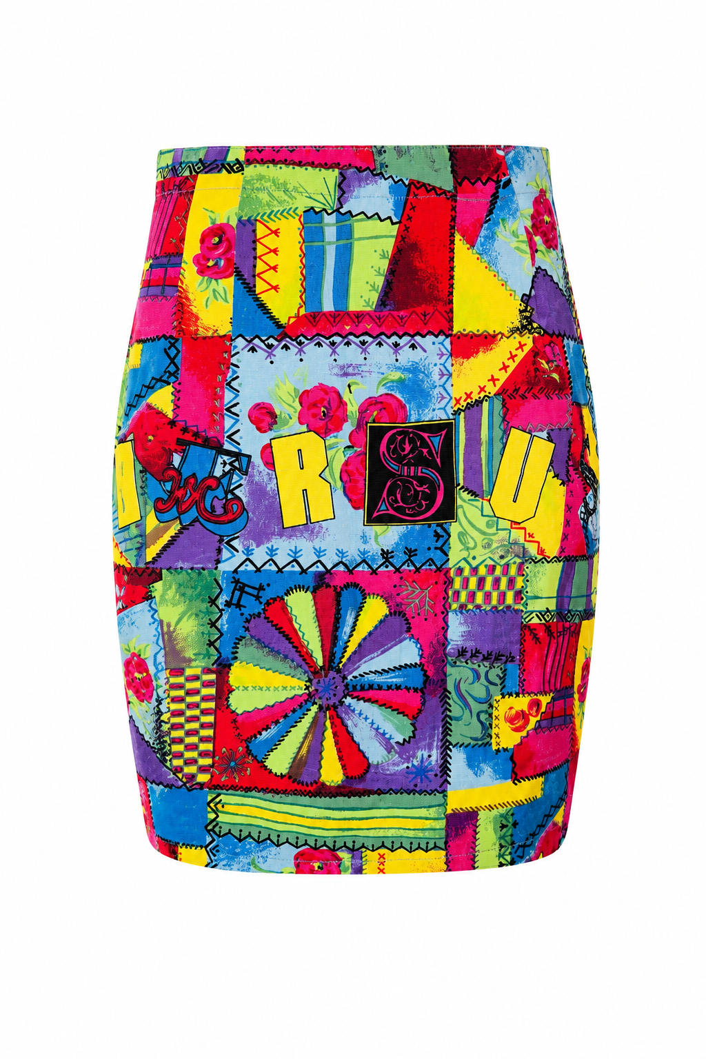 90S MULTICOLOR PATCHWORK "VERSUS" MIDI SKIRT